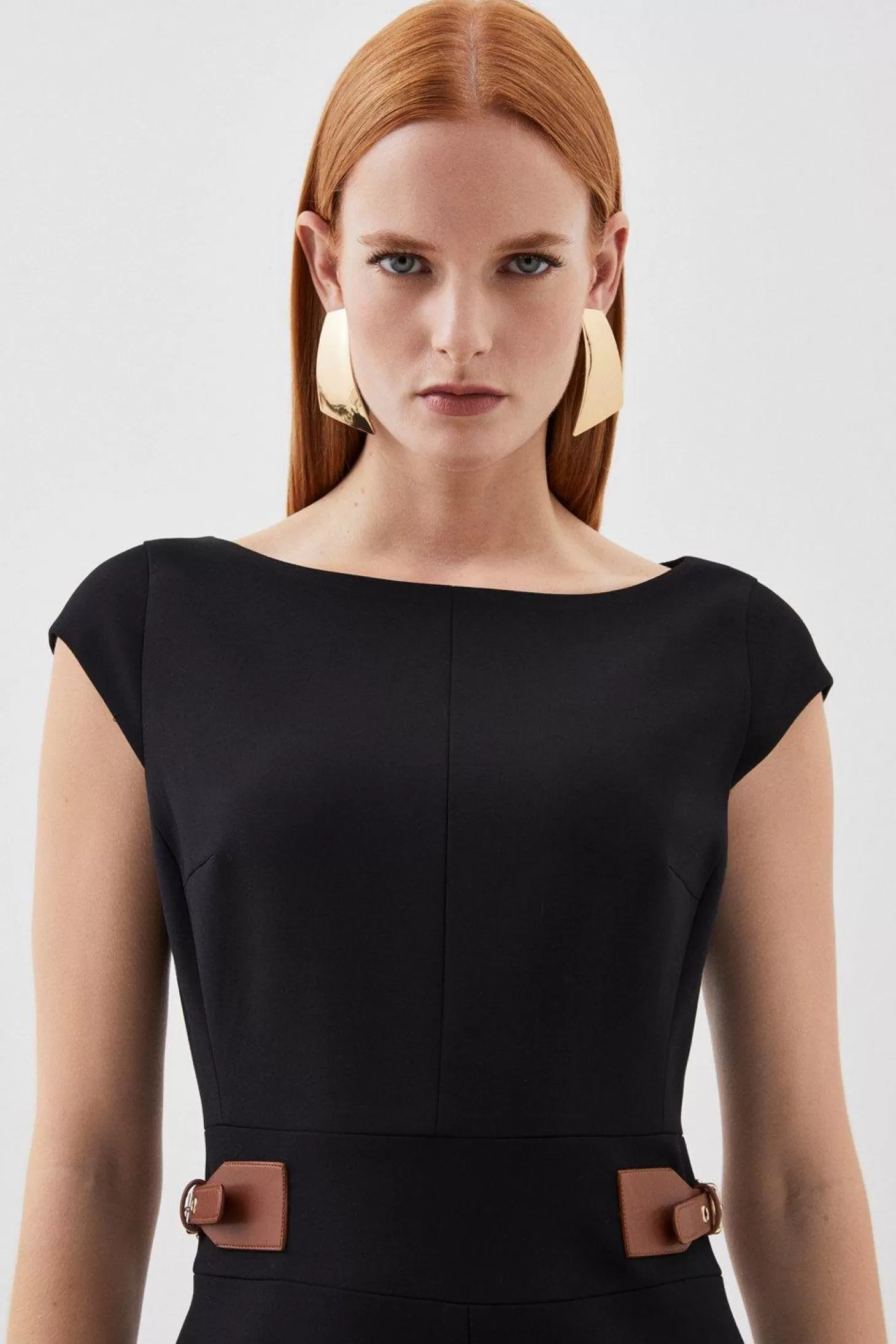 Karen Millen Compact Stretch Tailored Tab Detail Cap Sleeve Midi Dress