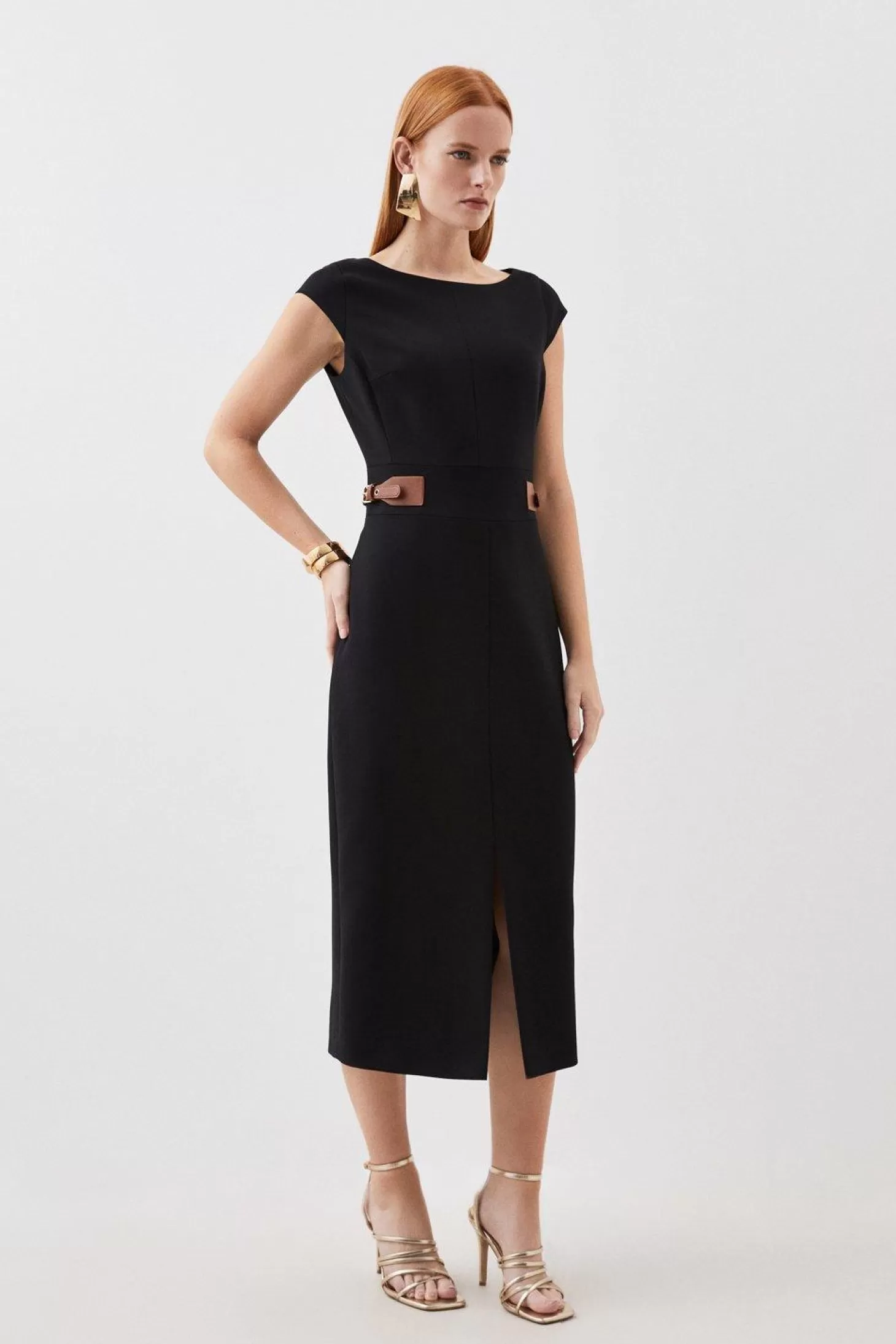 Karen Millen Compact Stretch Tailored Tab Detail Cap Sleeve Midi Dress