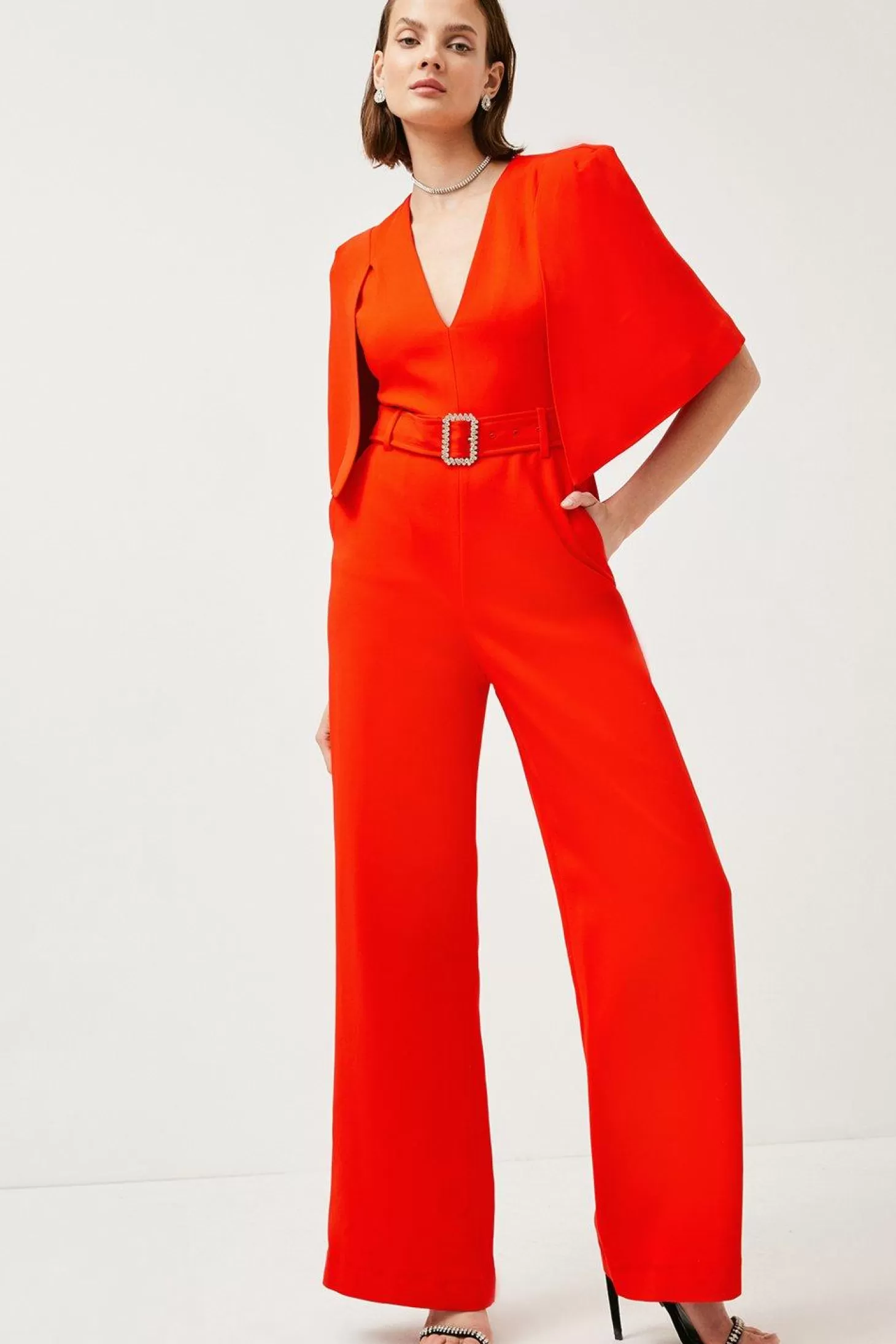 Karen Millen Compact Stretch Viscose Belted Flare Jumpsuit