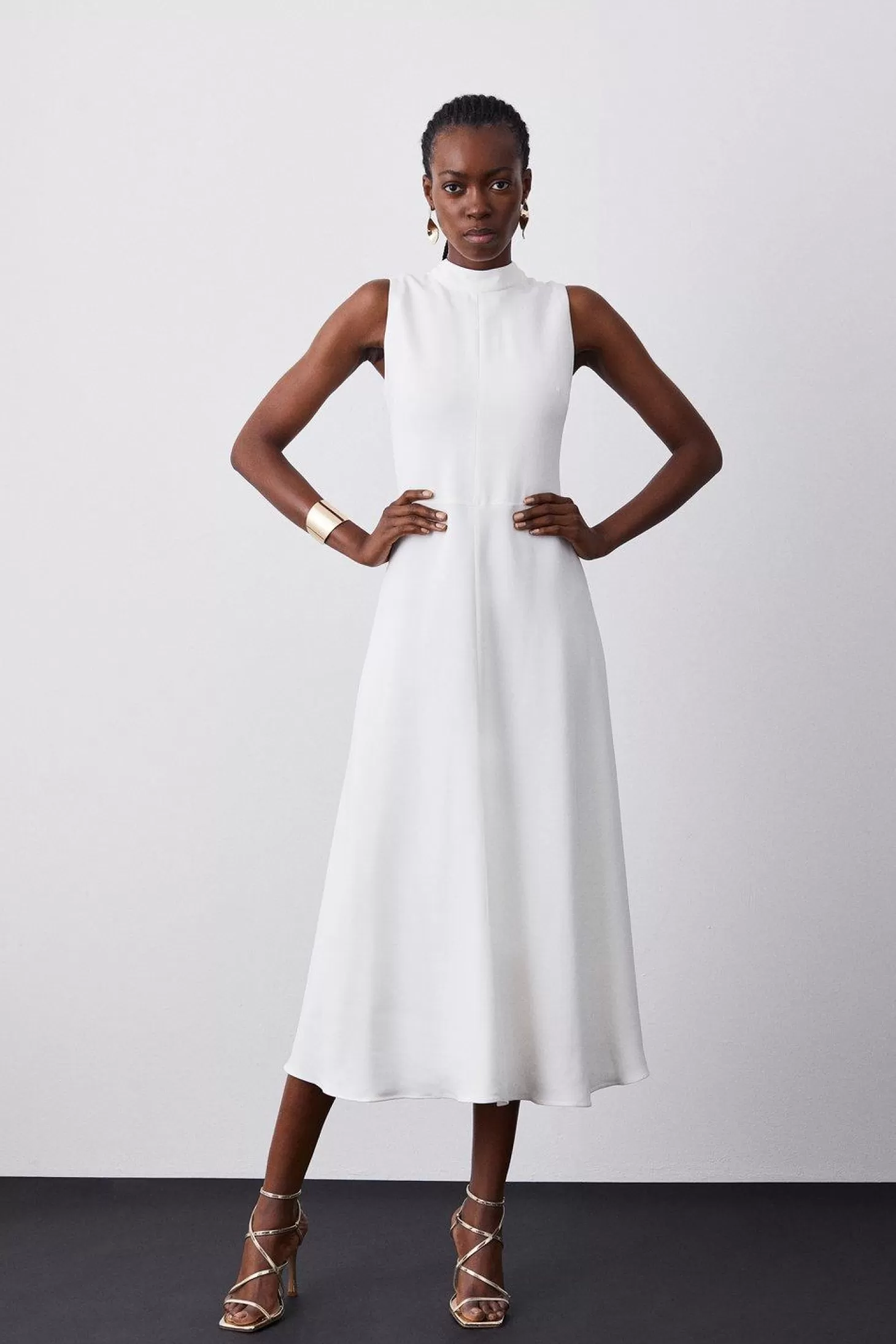 Karen Millen Compact Stretch Viscose Tailored High Neck Tie Detail Midi Dress