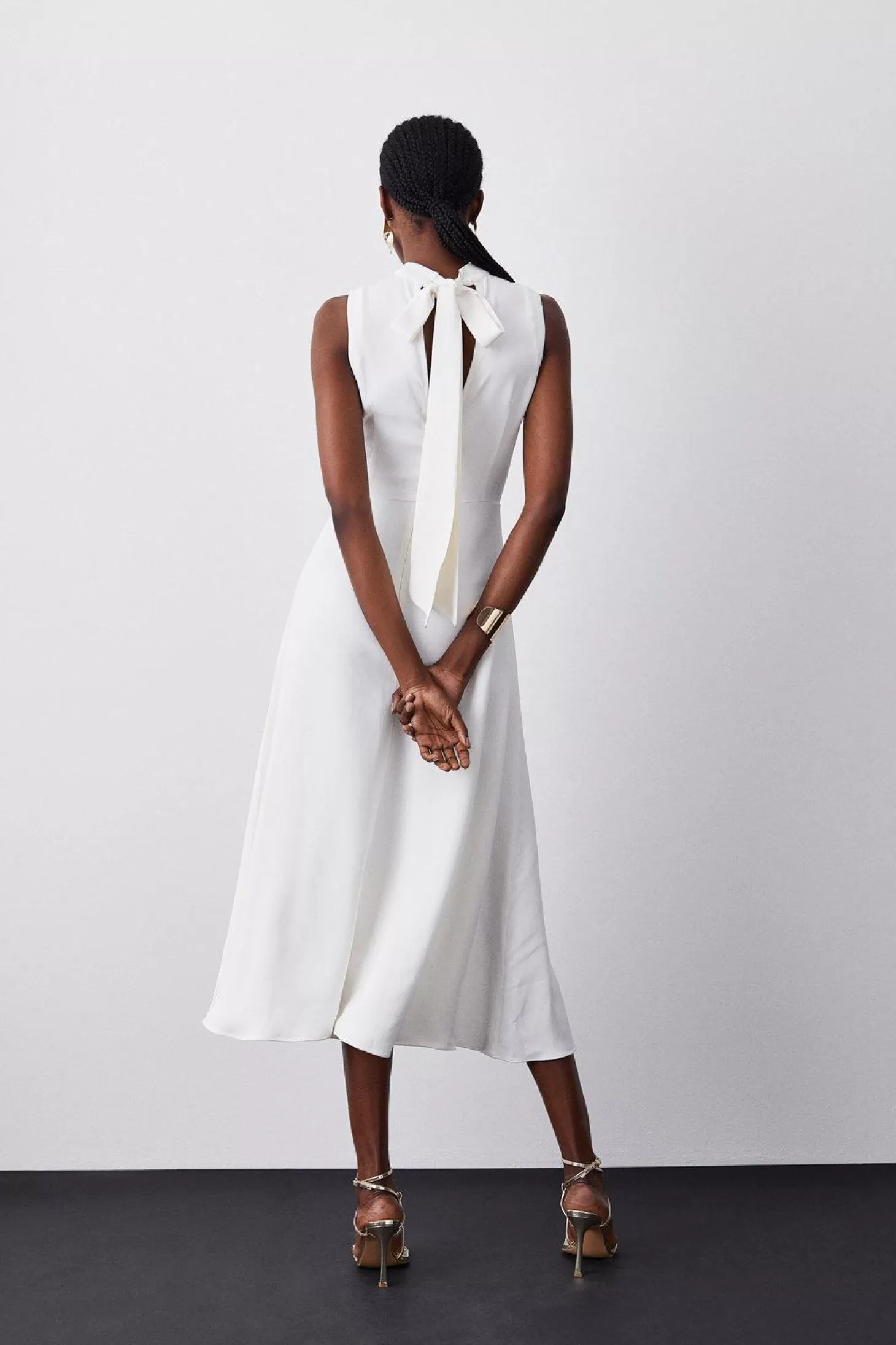 Karen Millen Compact Stretch Viscose Tailored High Neck Tie Detail Midi Dress