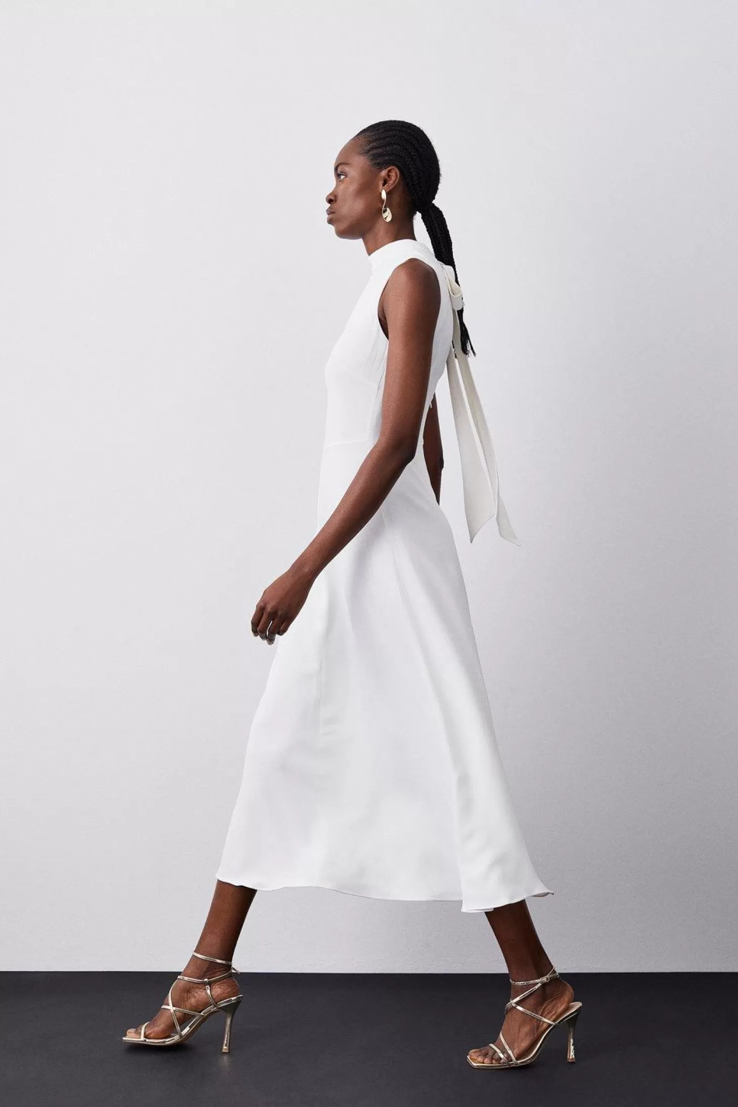 Karen Millen Compact Stretch Viscose Tailored High Neck Tie Detail Midi Dress