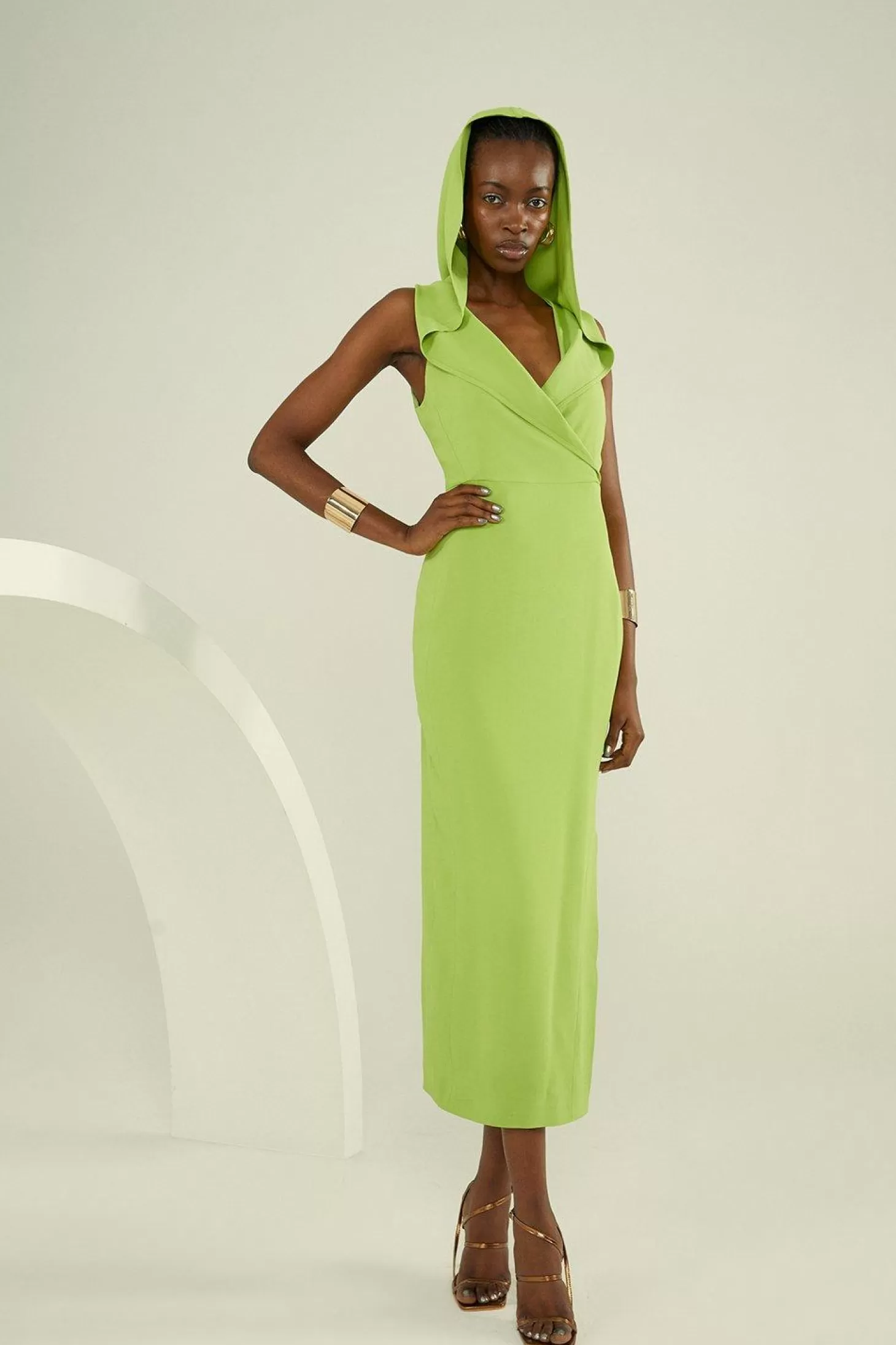 Karen Millen Compact Stretch Viscose Tailored Hooded Wrap Detail Midaxi Dress