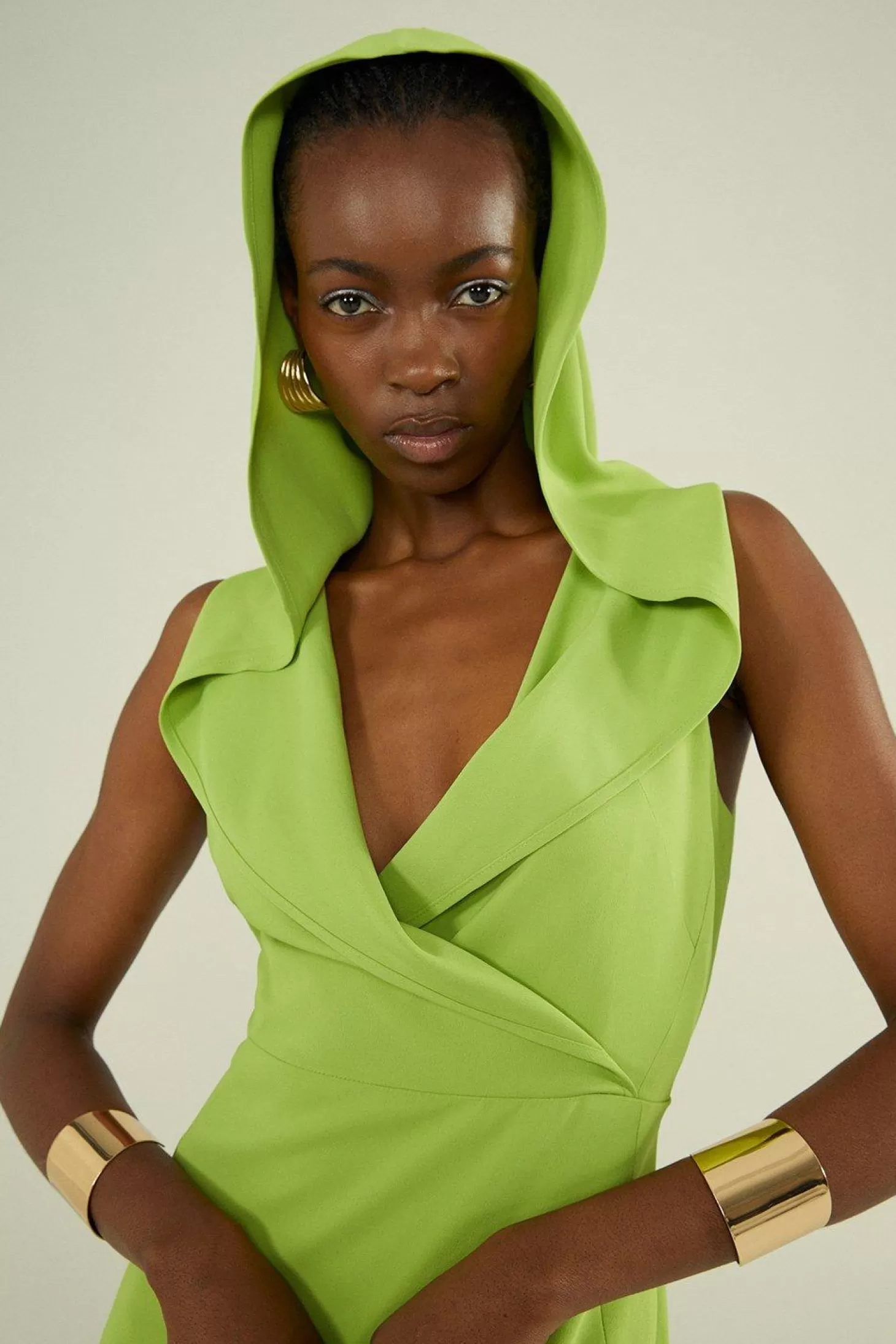 Karen Millen Compact Stretch Viscose Tailored Hooded Wrap Detail Midaxi Dress