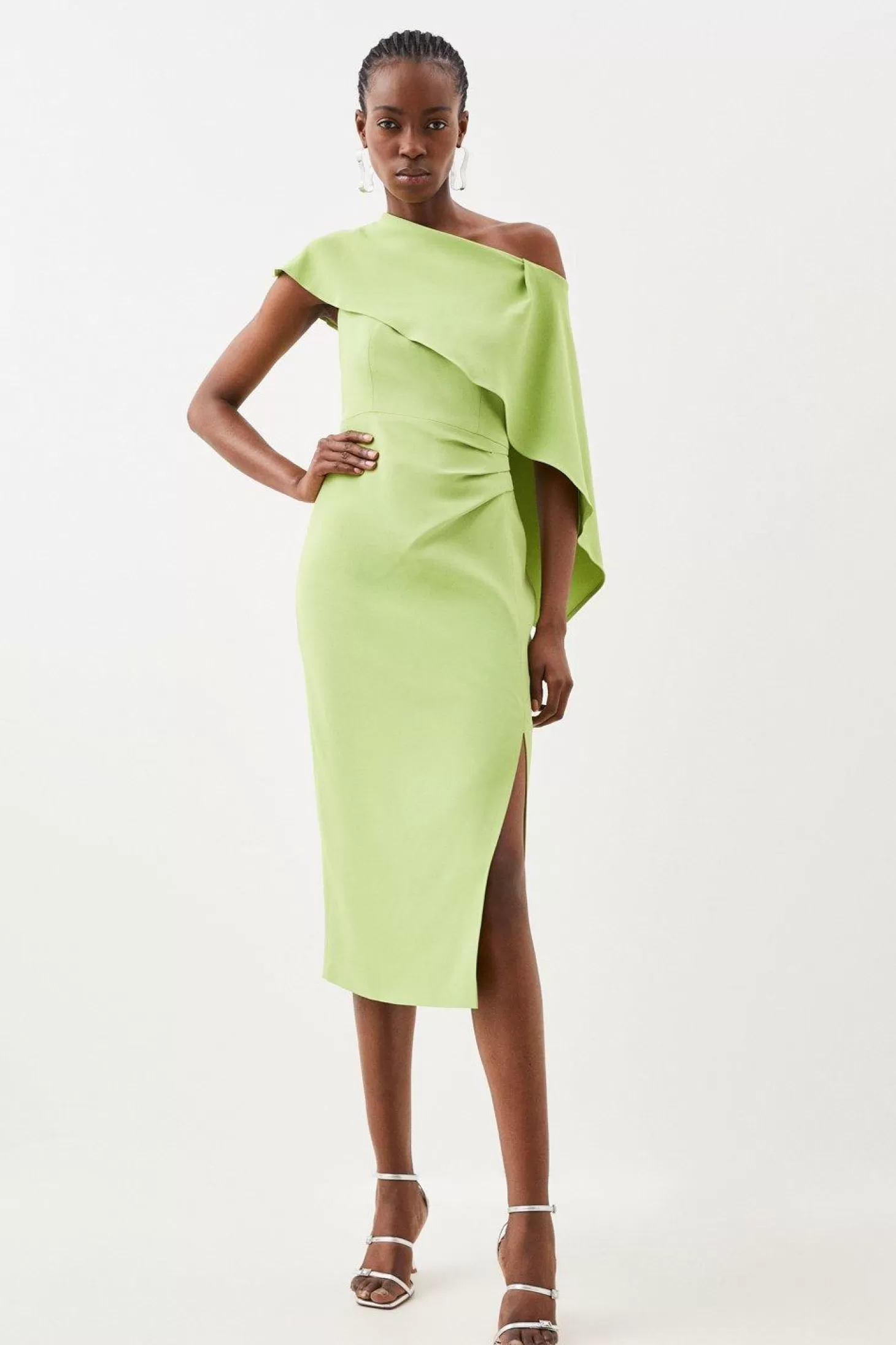 Karen Millen Compact Stretch Viscose Tailored One Shoulder Drape Detail Midi Dress