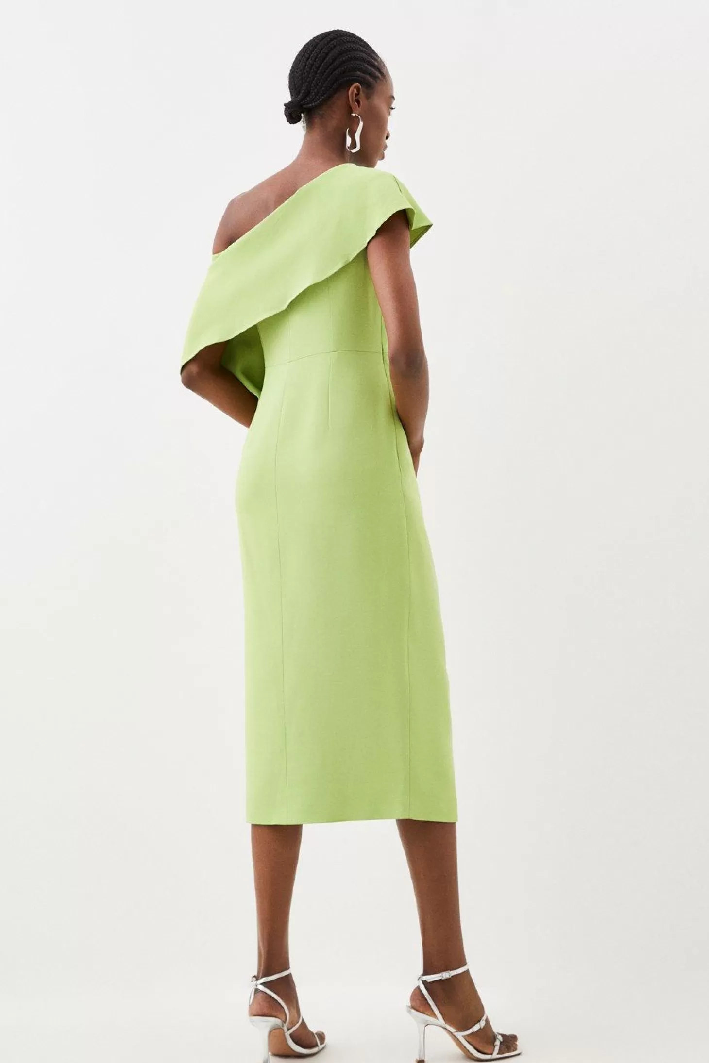 Karen Millen Compact Stretch Viscose Tailored One Shoulder Drape Detail Midi Dress