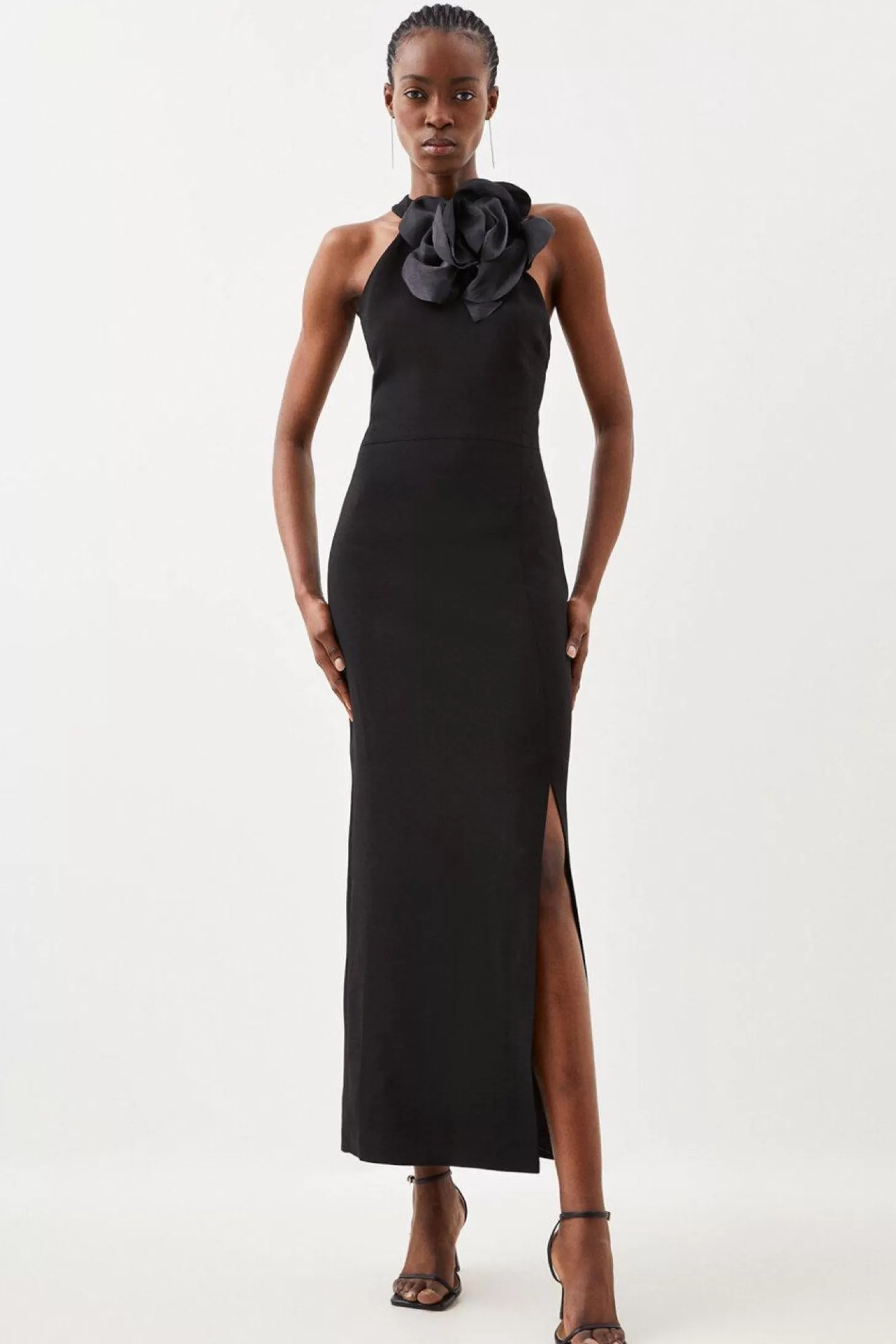 Karen Millen Compact Viscose Corsage Detail Tailored Halterneck Midaxi Dress