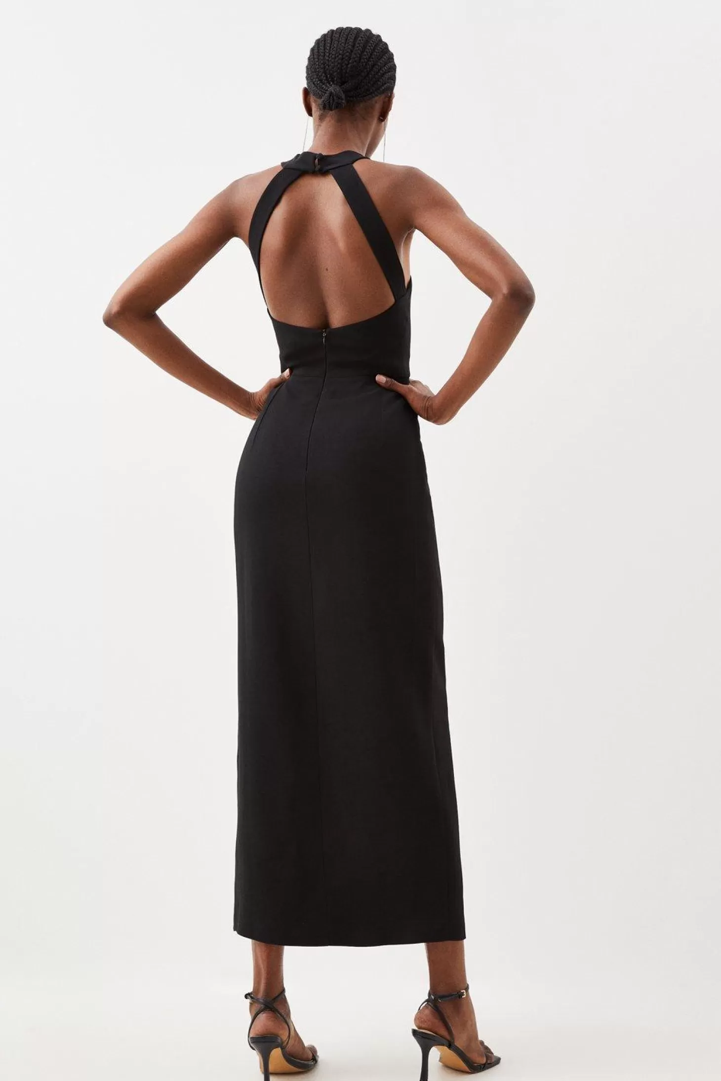 Karen Millen Compact Viscose Corsage Detail Tailored Halterneck Midaxi Dress