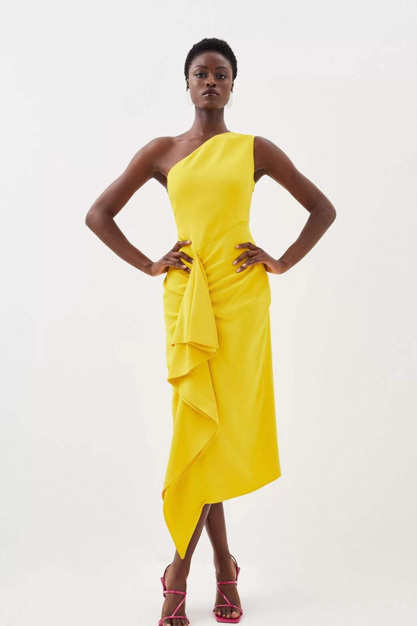 Karen Millen Compact Viscose Tailored One Shoulder Drape Front Pencil Dress