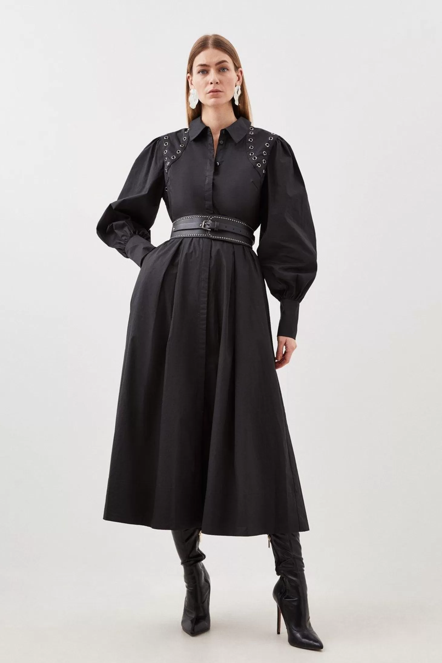 Karen Millen Cotton Eyelet Belted Long Sleeve woven Maxi Dress