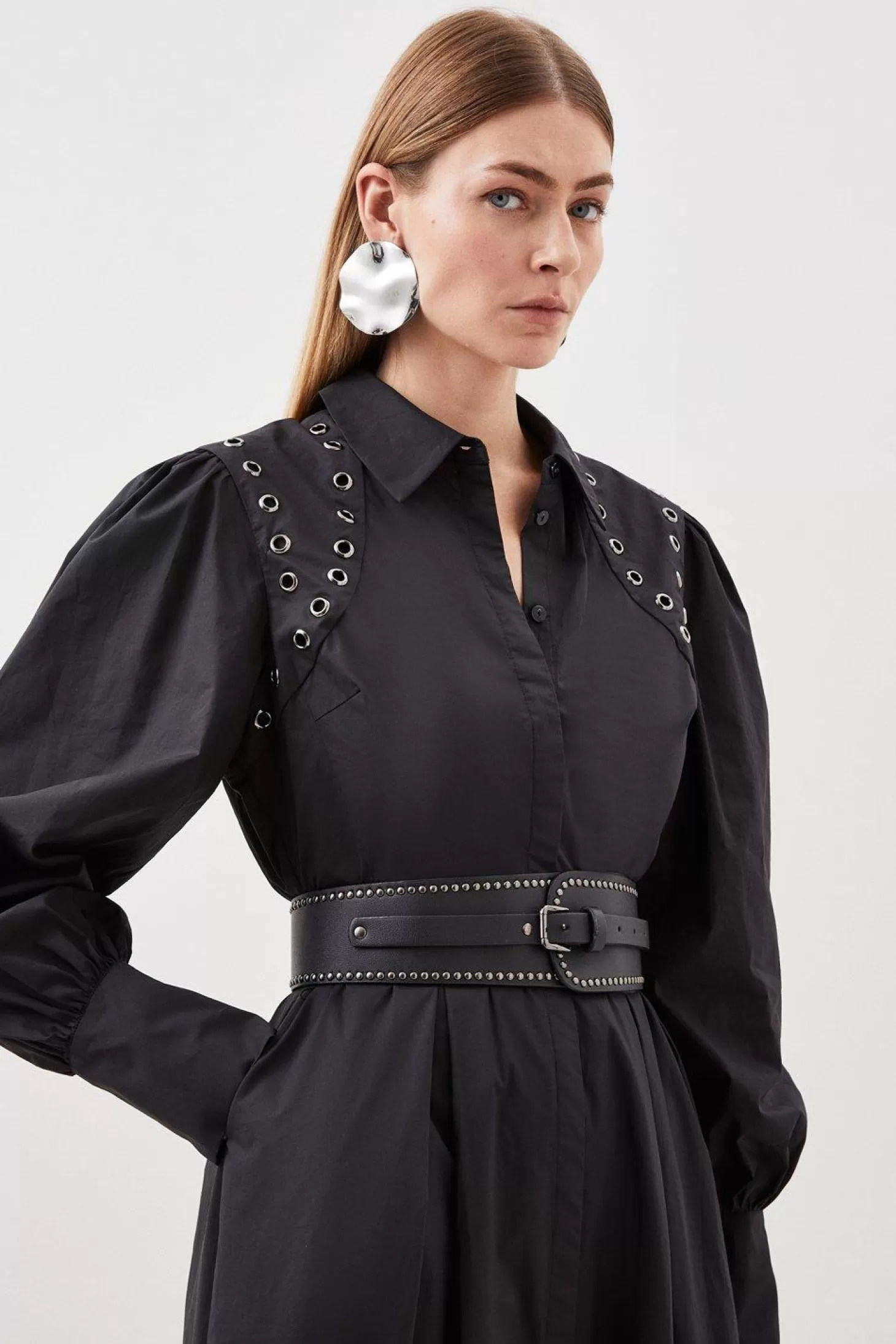 Karen Millen Cotton Eyelet Belted Long Sleeve woven Maxi Dress