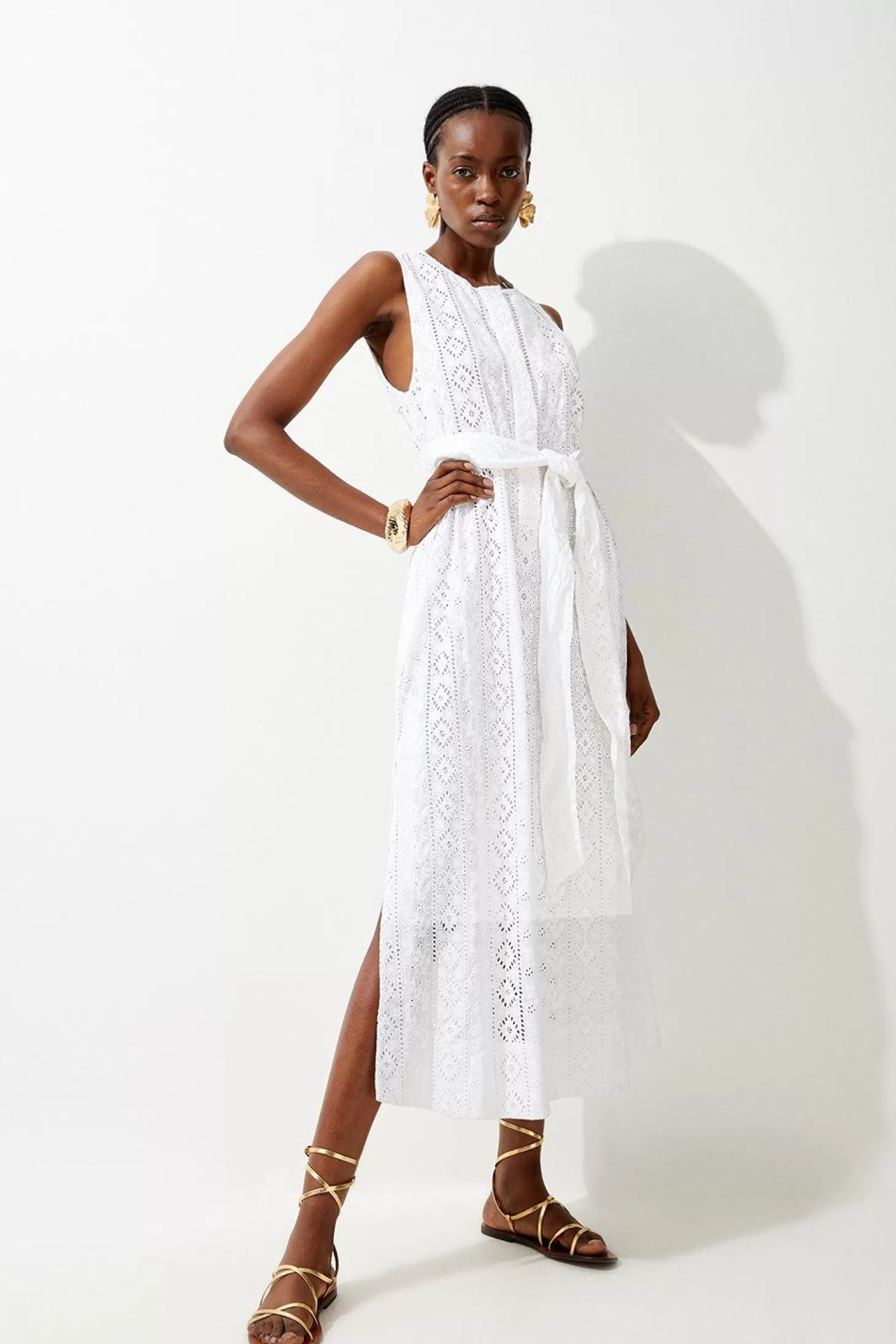 Karen Millen Cotton Eyelet Belted Sleeveless Maxi Dress