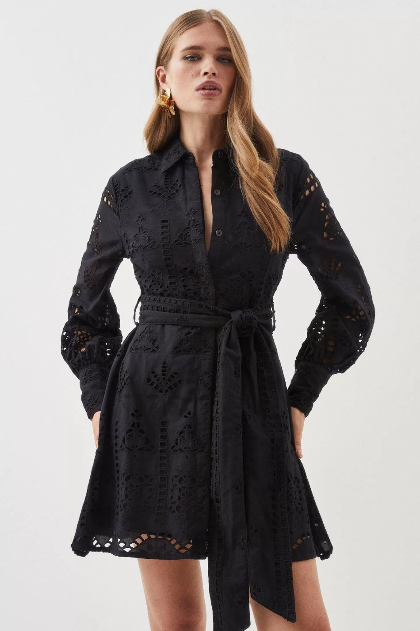 Karen Millen Cotton Eyelet Belted Woven Mini Dress