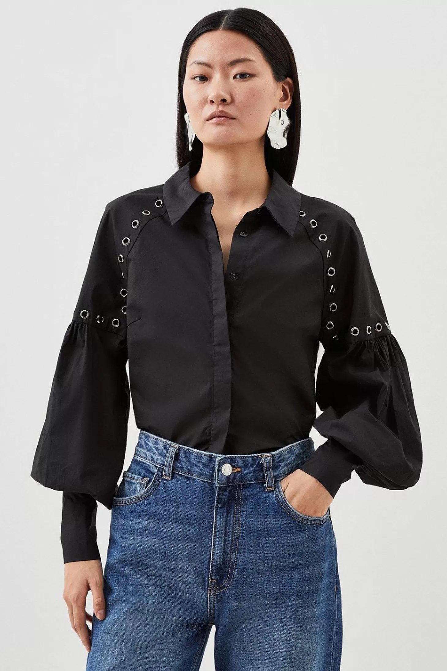 Karen Millen Cotton Eyelet Long Sleeve Woven Shirt