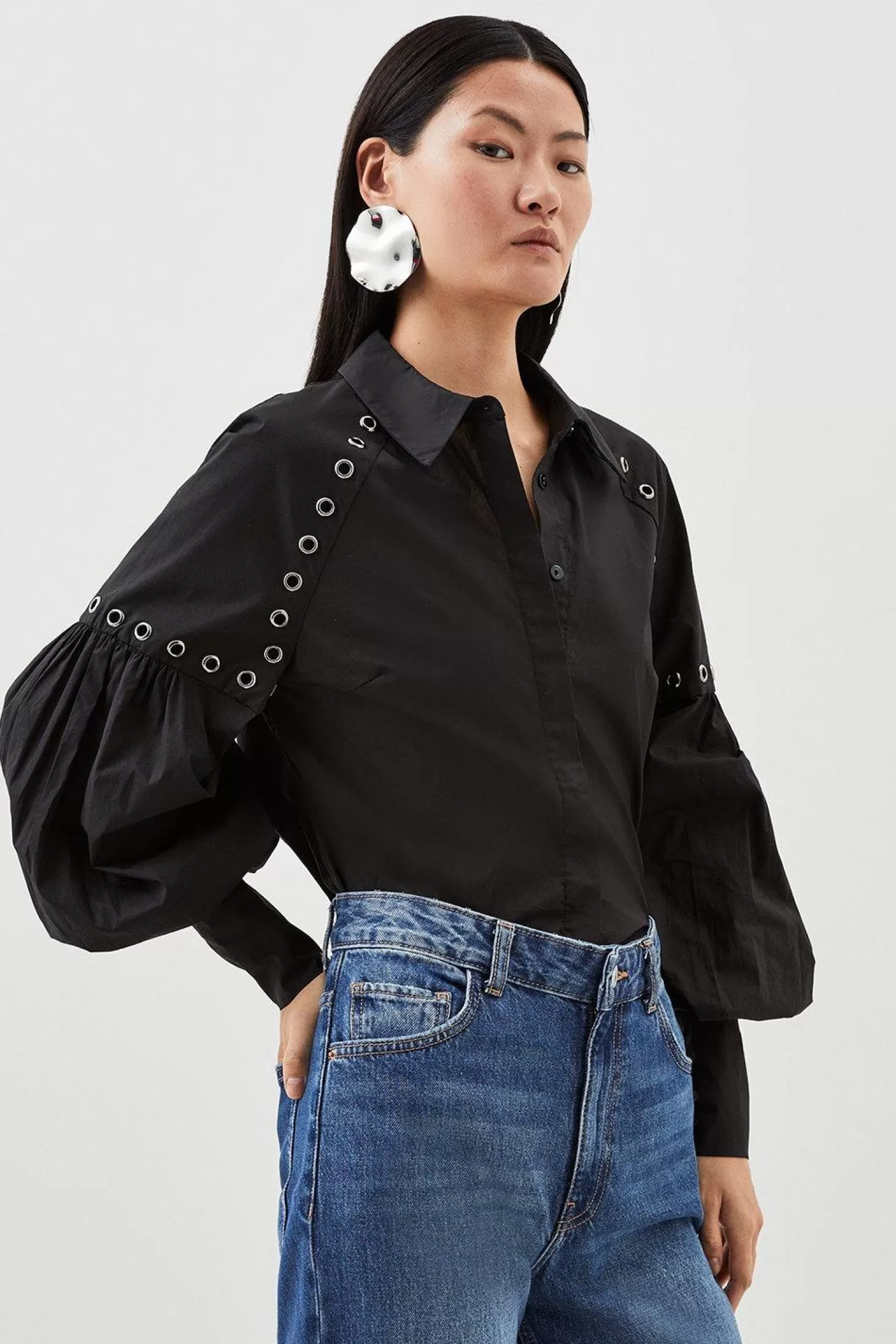 Karen Millen Cotton Eyelet Long Sleeve Woven Shirt