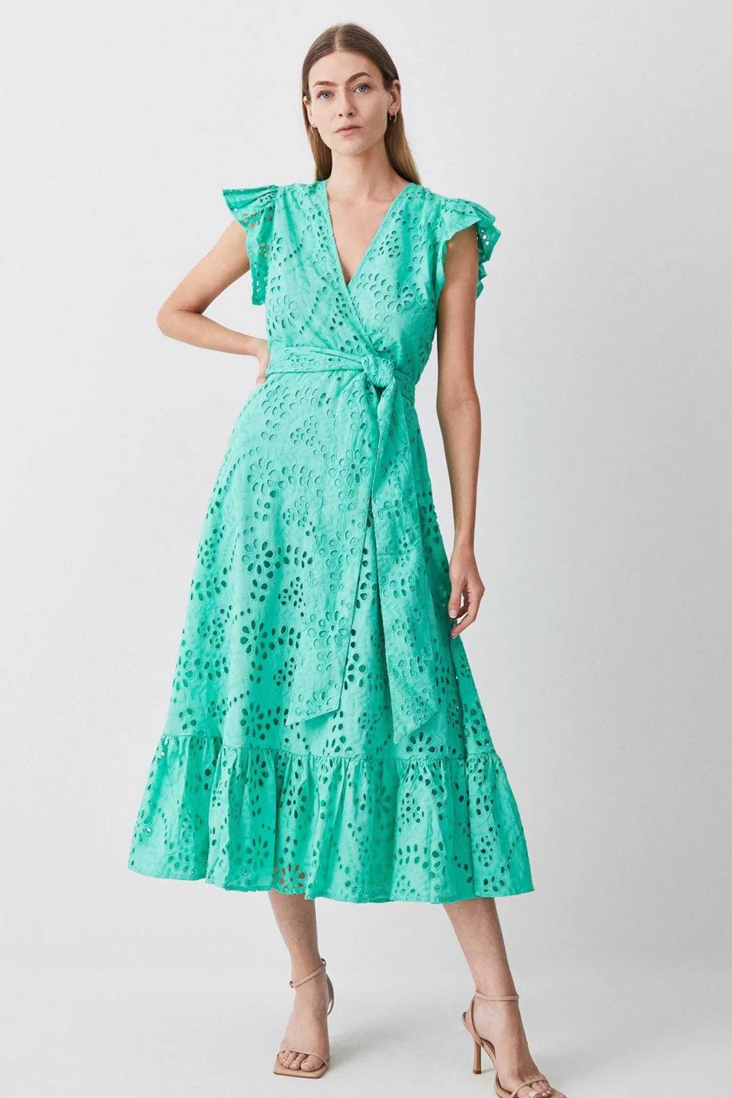 Karen Millen Cotton Eyelet Ruffle Sleeve Belted Midi Dress