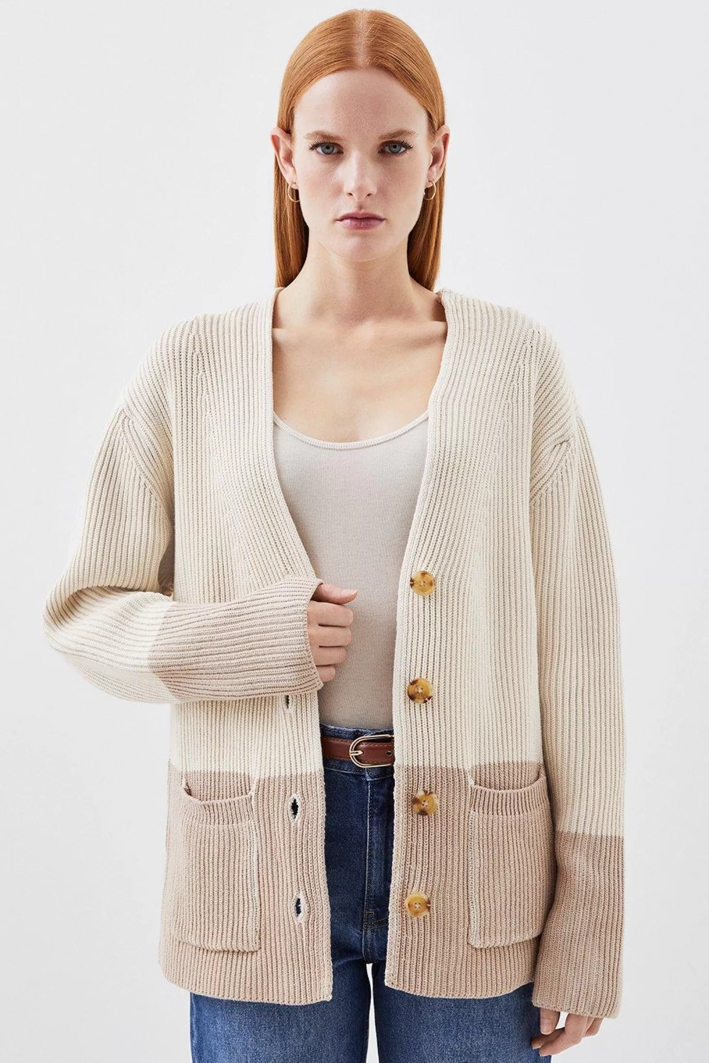 Karen Millen Cotton Plaited Viscose Blend Rib Knit Color Block Pocket Cardigan
