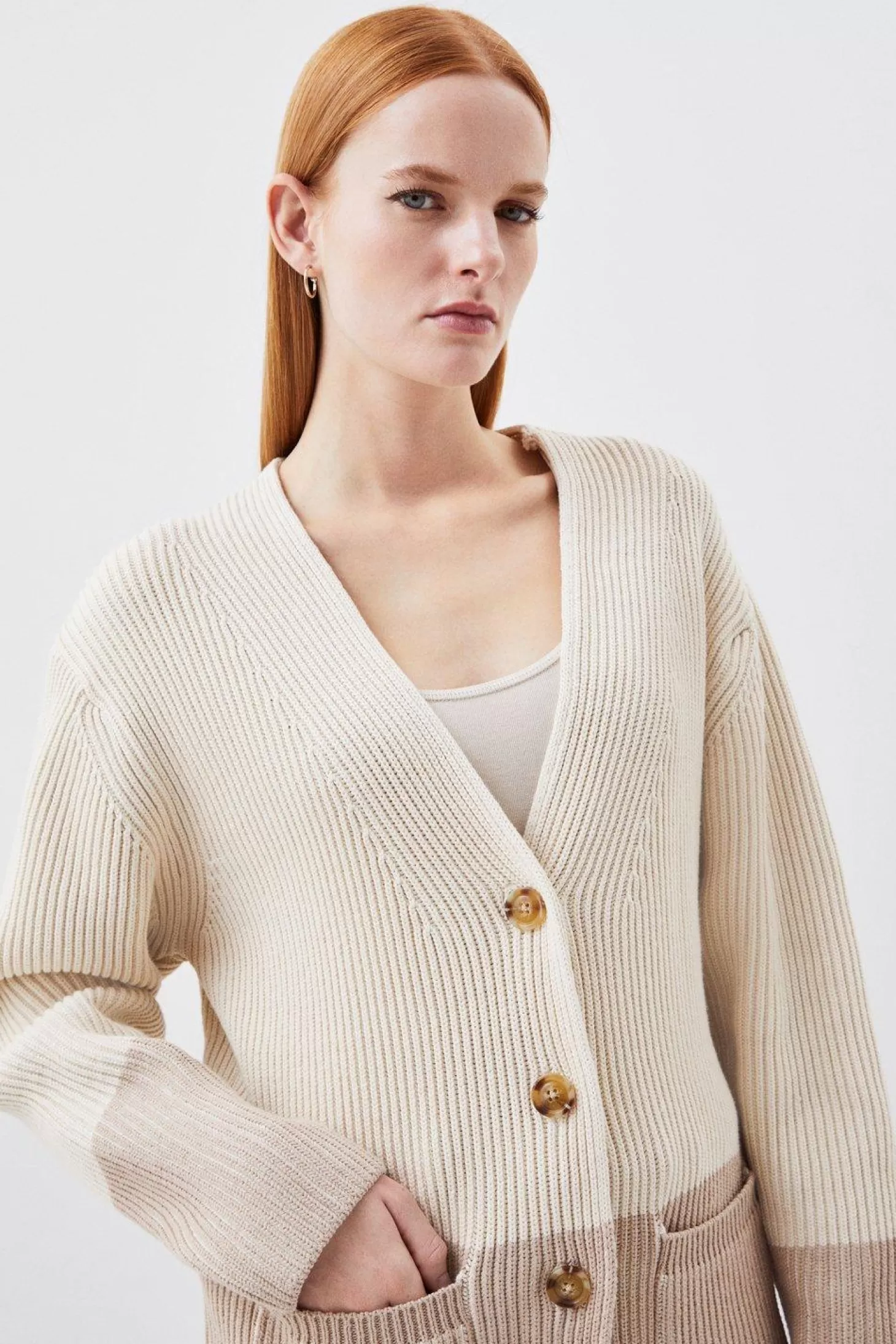 Karen Millen Cotton Plaited Viscose Blend Rib Knit Color Block Pocket Cardigan