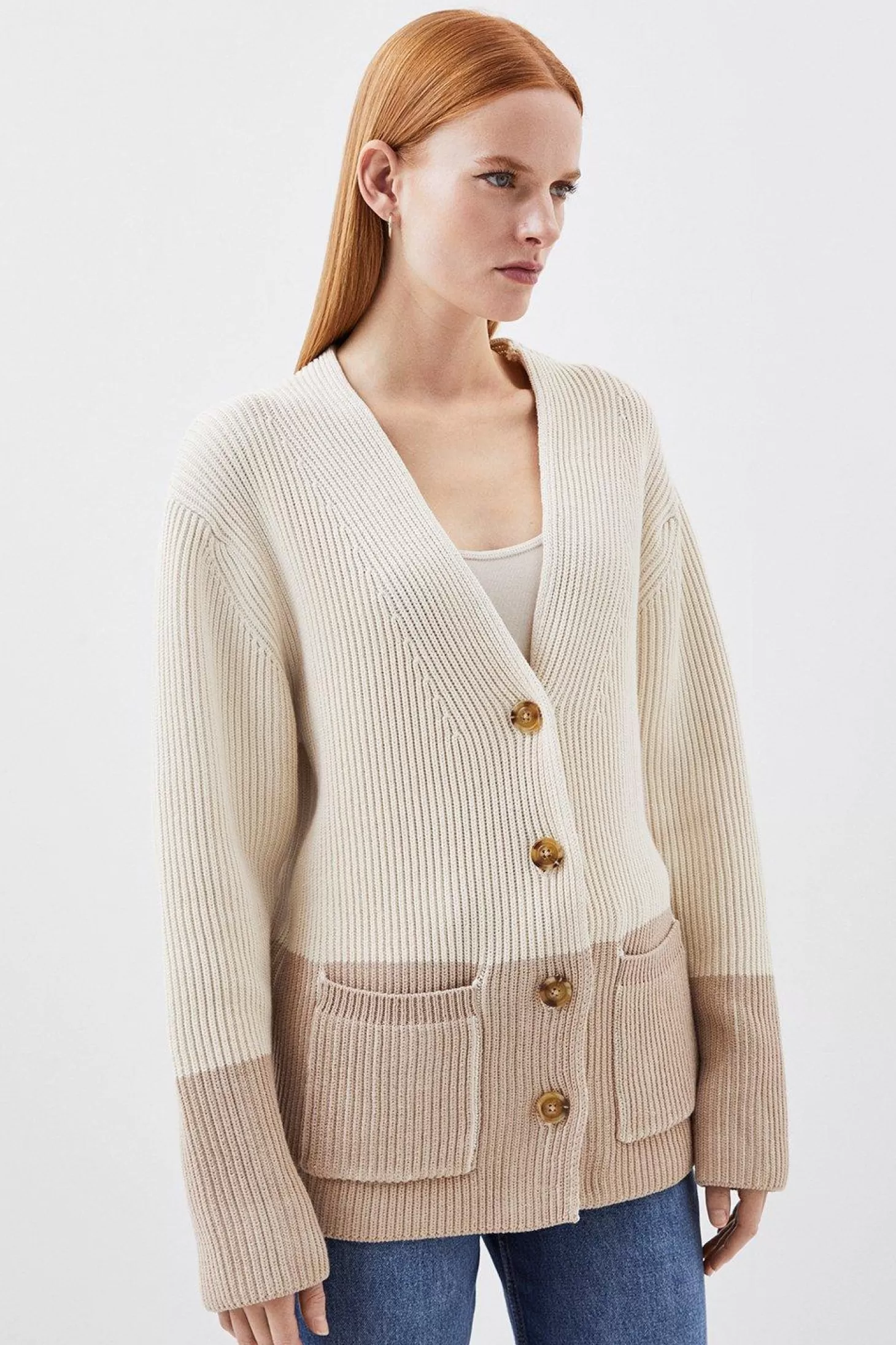 Karen Millen Cotton Plaited Viscose Blend Rib Knit Color Block Pocket Cardigan