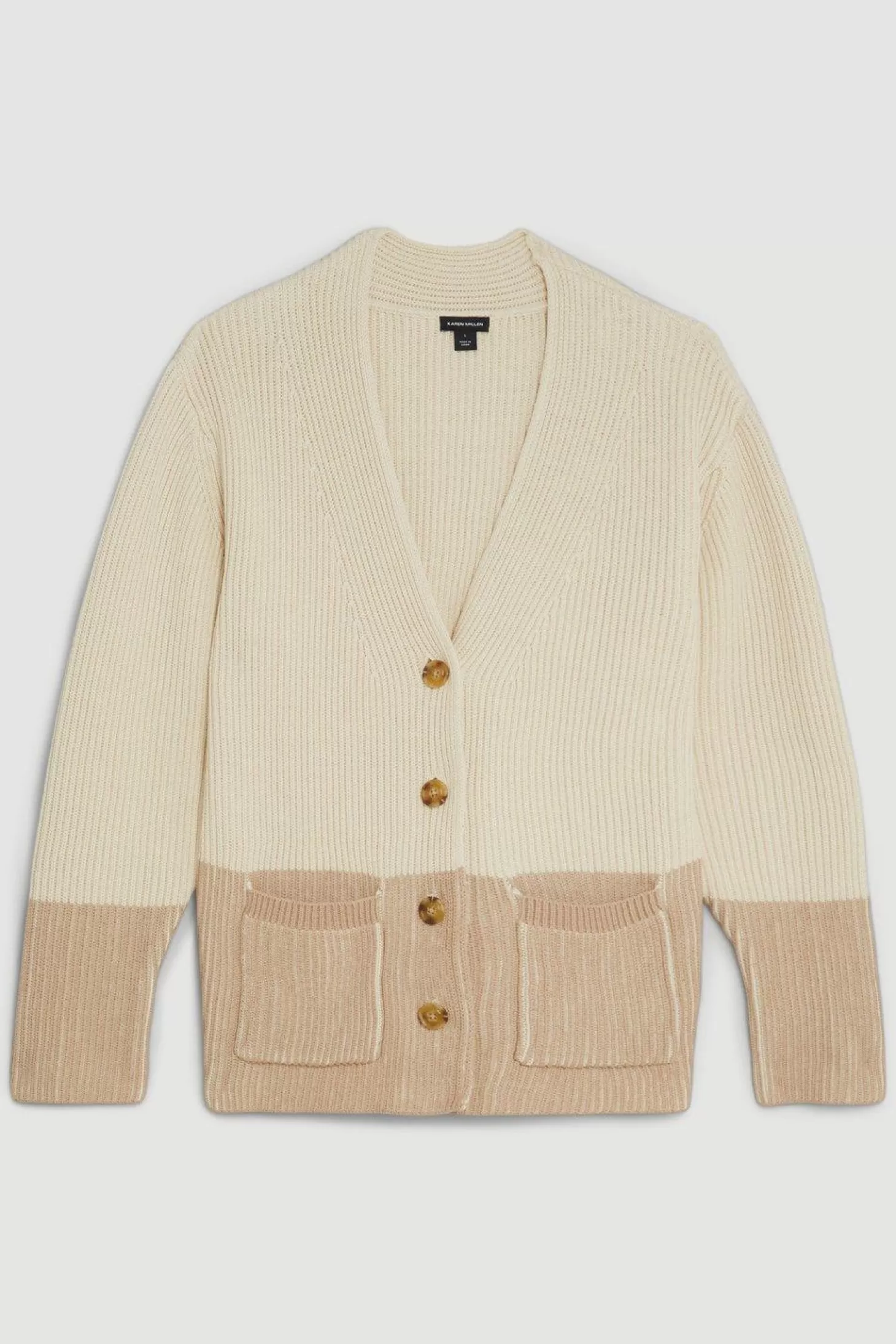 Karen Millen Cotton Plaited Viscose Blend Rib Knit Color Block Pocket Cardigan