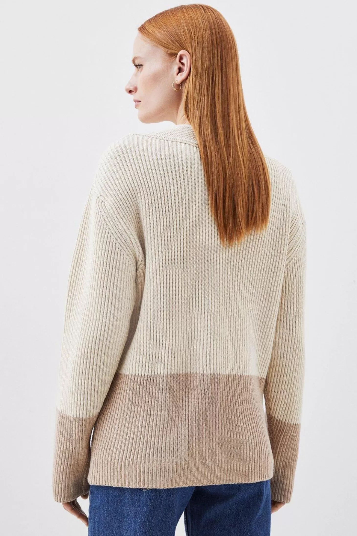 Karen Millen Cotton Plaited Viscose Blend Rib Knit Color Block Pocket Cardigan