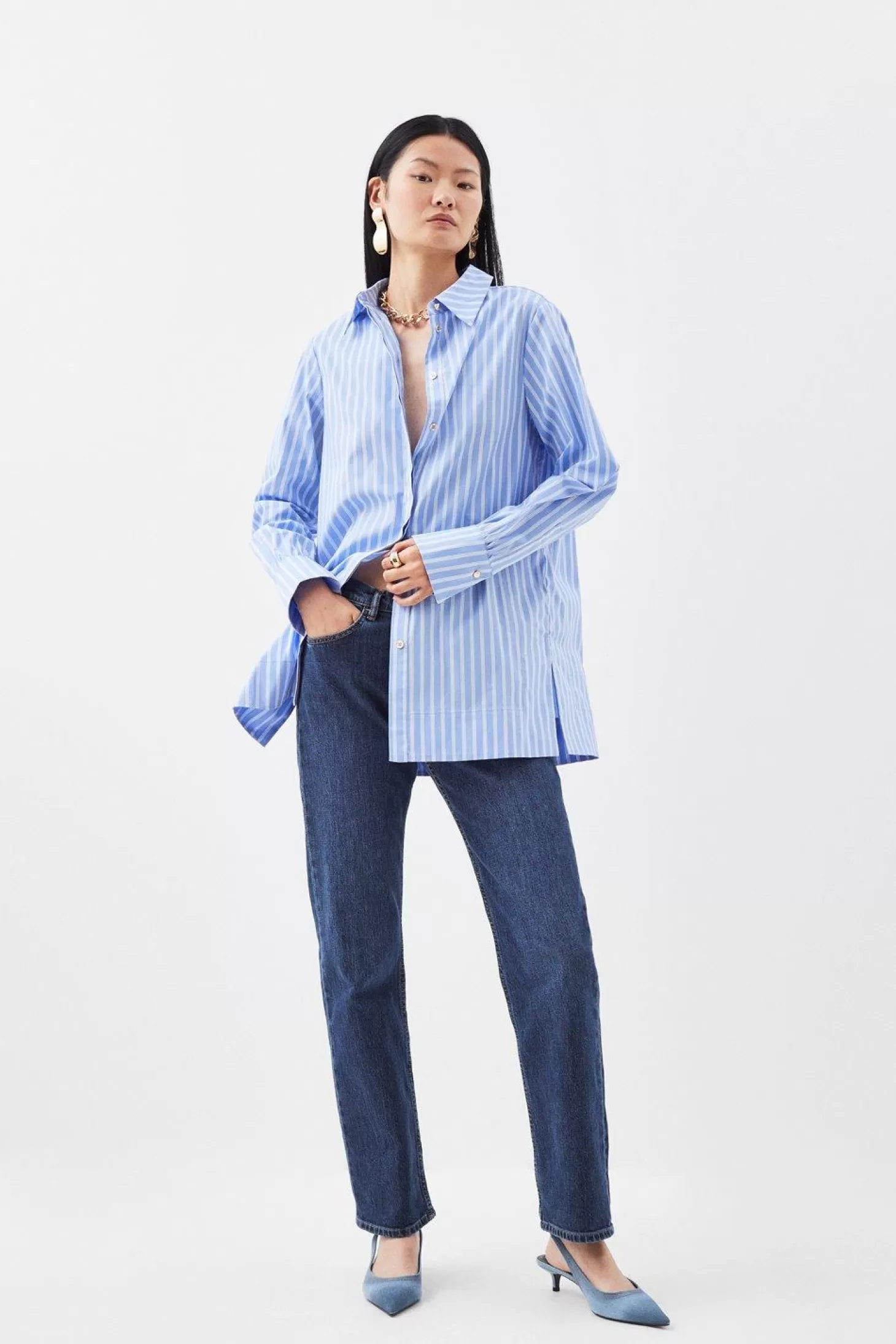 Karen Millen Cotton Poplin Button Sleeve Detail Woven Shirt