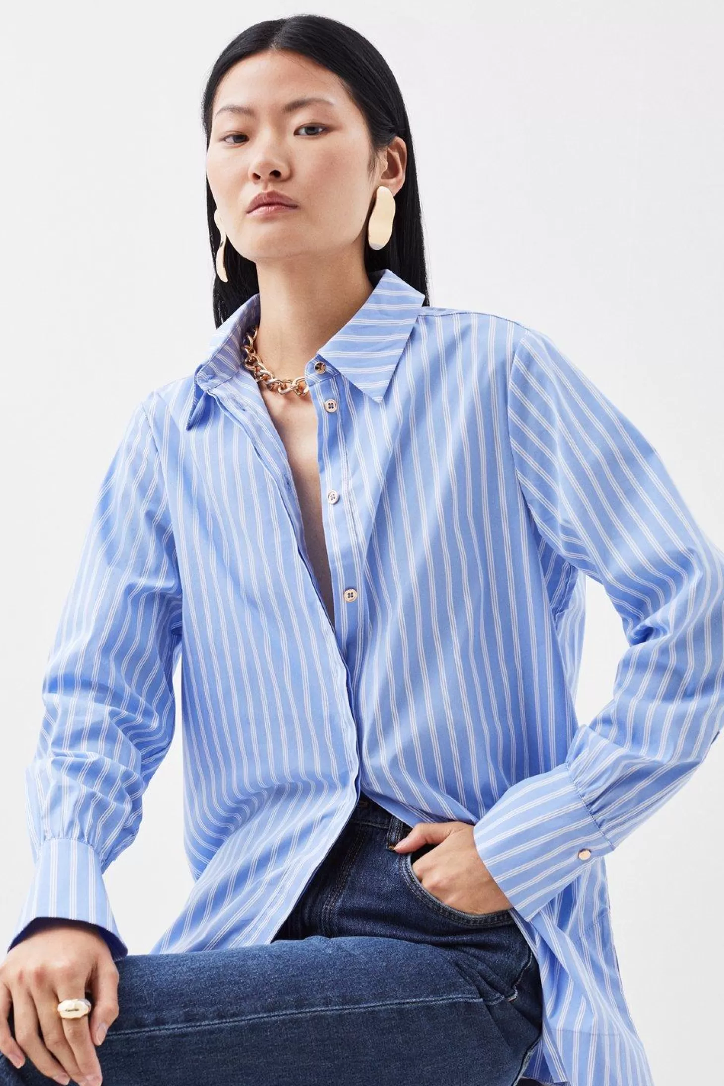 Karen Millen Cotton Poplin Button Sleeve Detail Woven Shirt