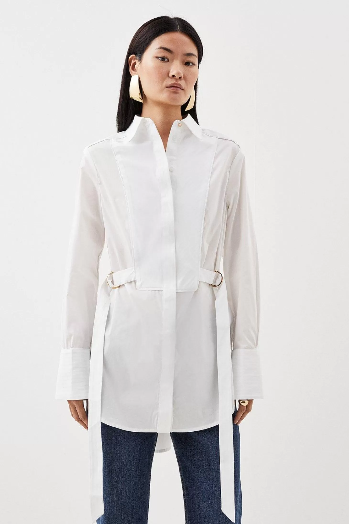 Karen Millen Cotton Poplin Collared Longline Shirt