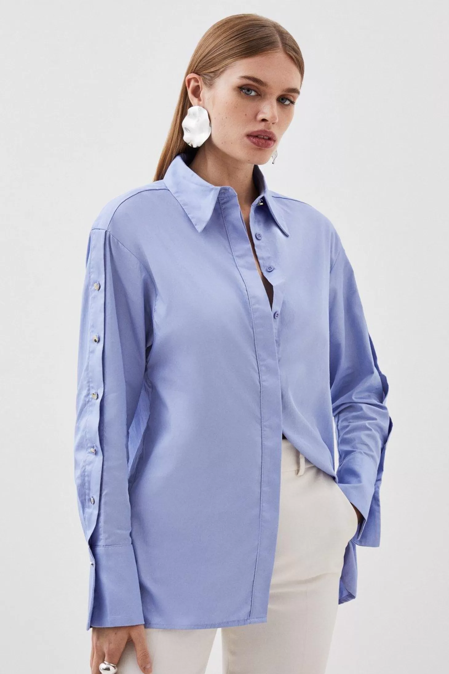 Karen Millen Cotton Poplin Eyelet Sleeve Detail Woven Shirt