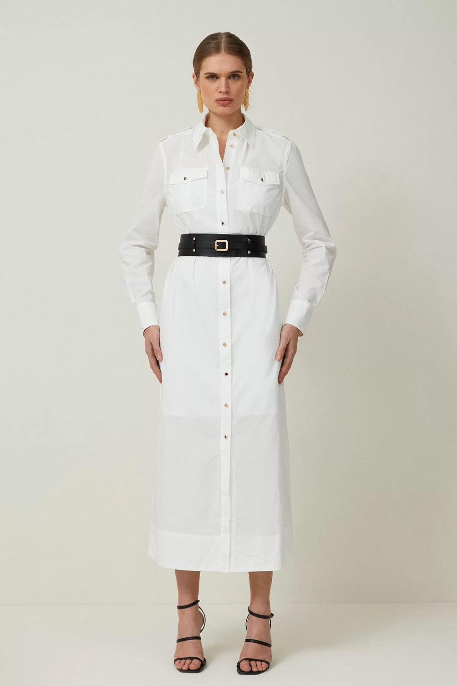 Karen Millen Cotton Poplin Pu Belted Midaxi Woven Shirt Dress