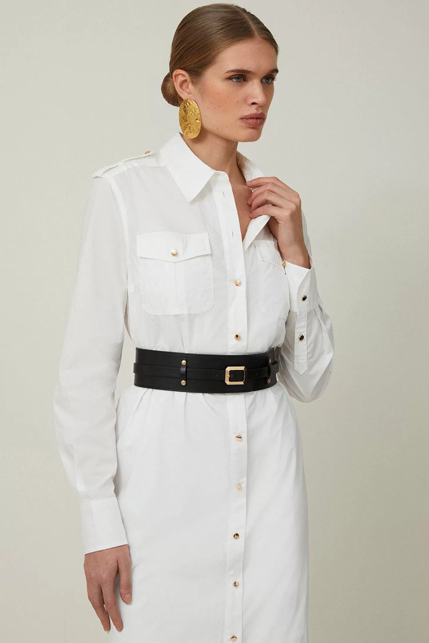 Karen Millen Cotton Poplin Pu Belted Midaxi Woven Shirt Dress