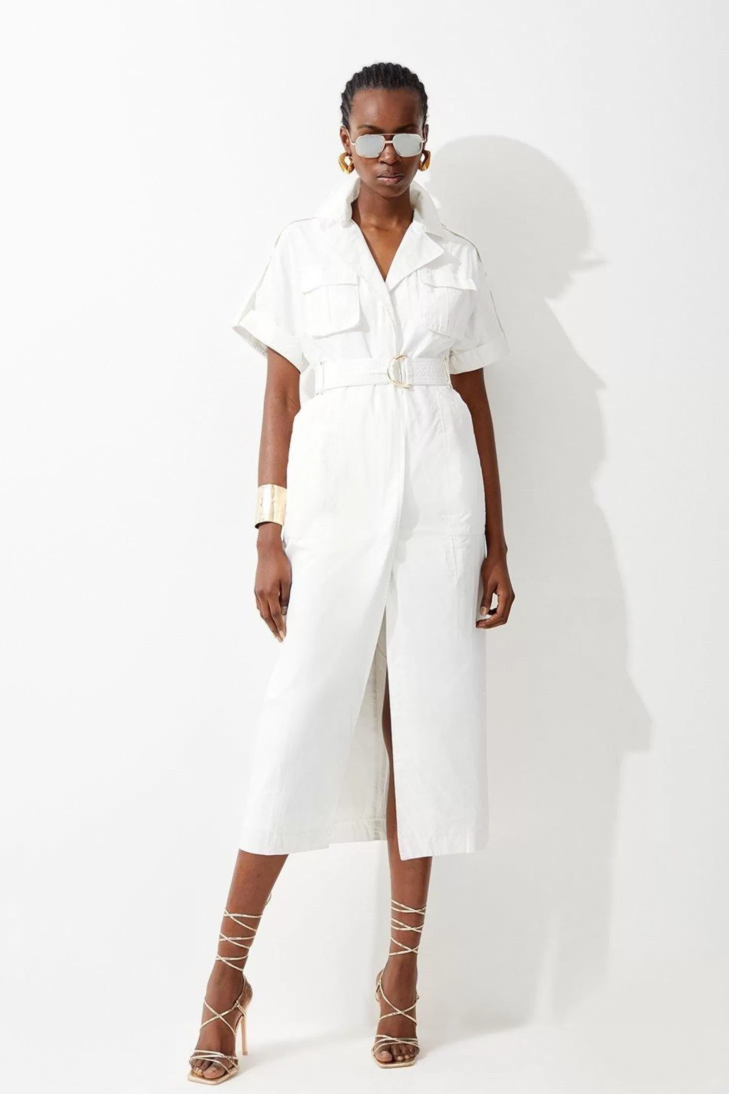 Karen Millen Cotton Sateen Short Sleeve Utility Pocket Belted Midi Dress
