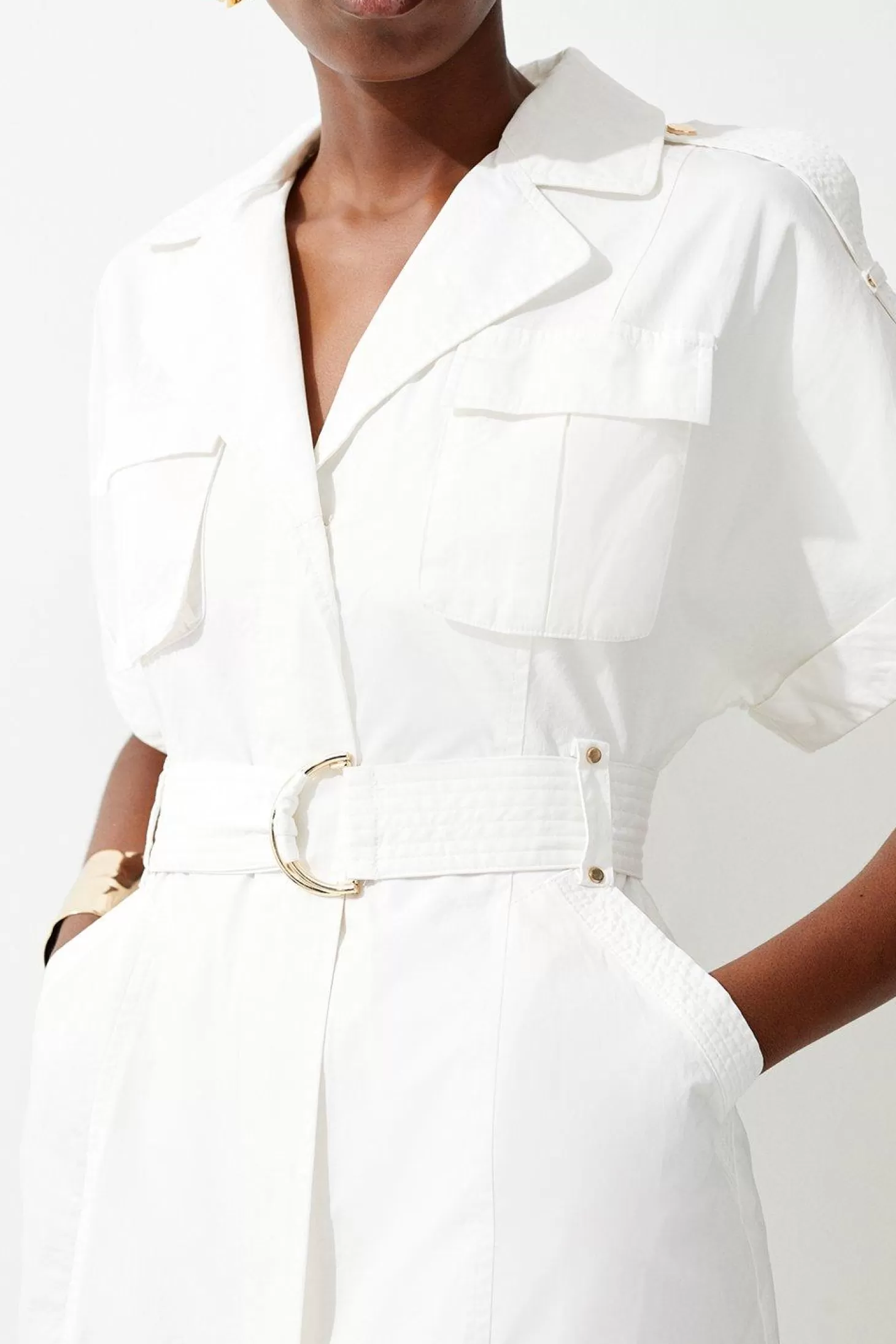 Karen Millen Cotton Sateen Short Sleeve Utility Pocket Belted Midi Dress