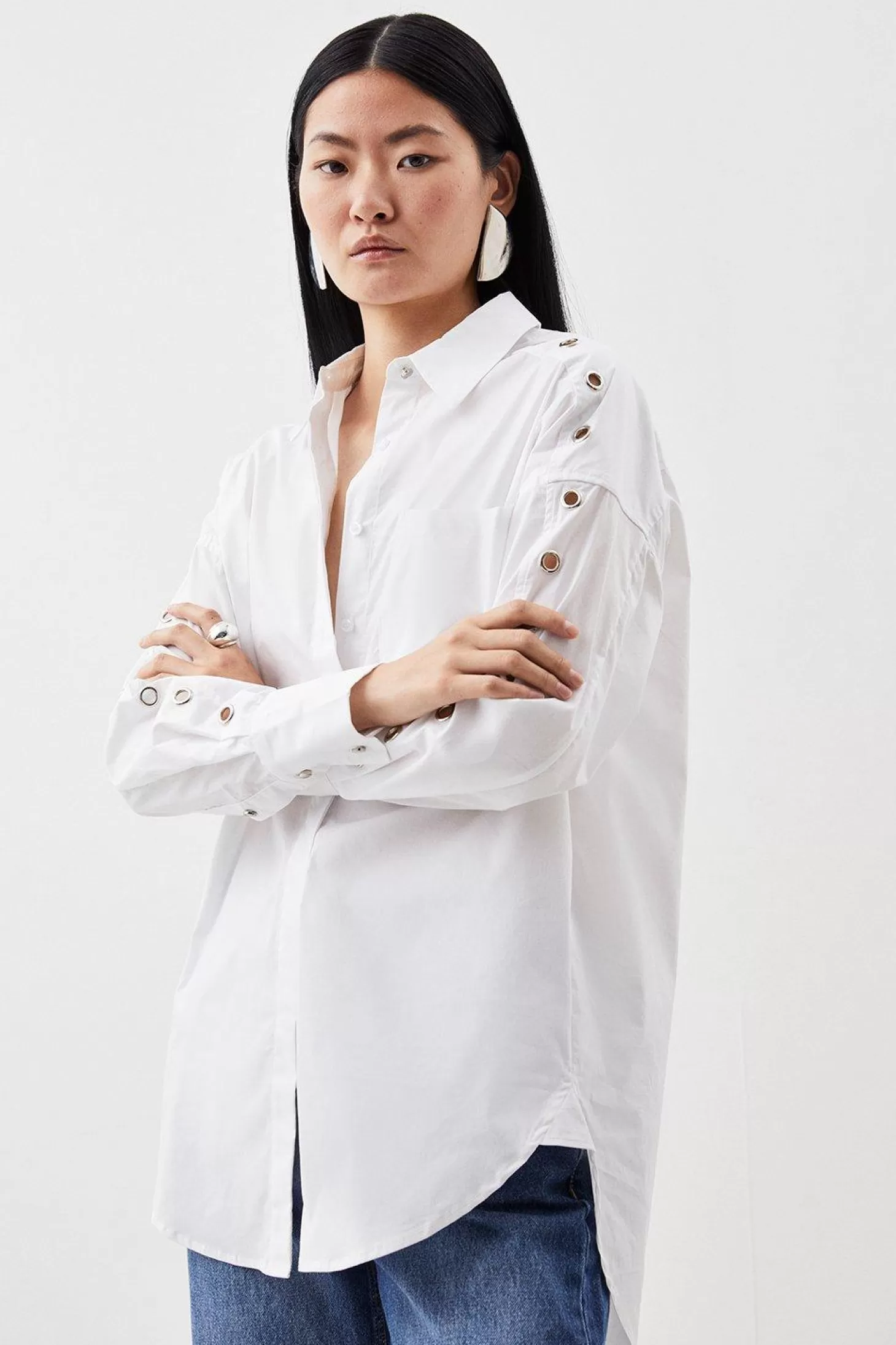 Karen Millen Cotton Sleeve Eyelet Detail Oversized Shirt