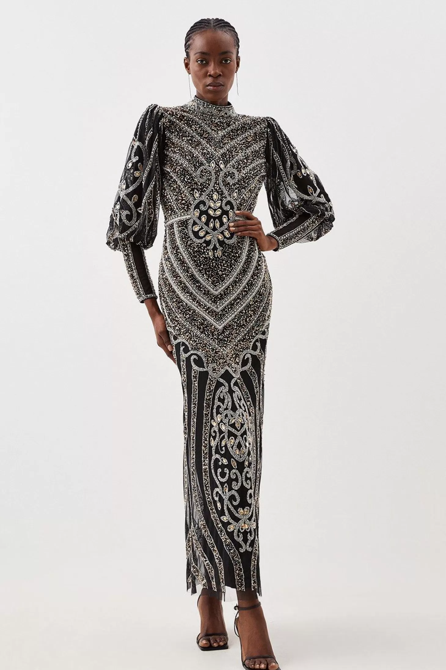 Karen Millen Crystal Embellished Balloon Sleeve Woven Maxi Dress