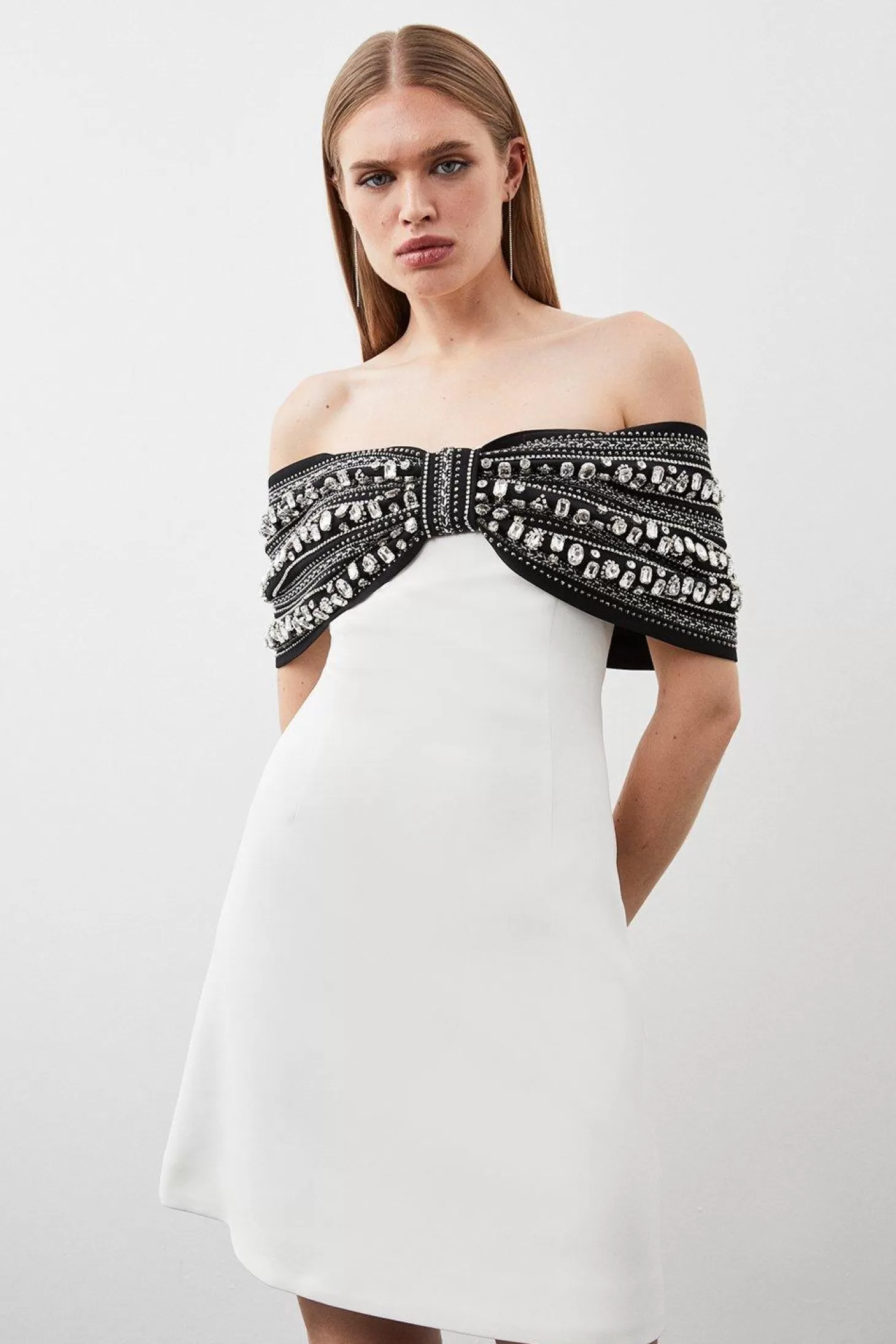 Karen Millen Crystal Embellished Bow Detailed Woven Mini Dress