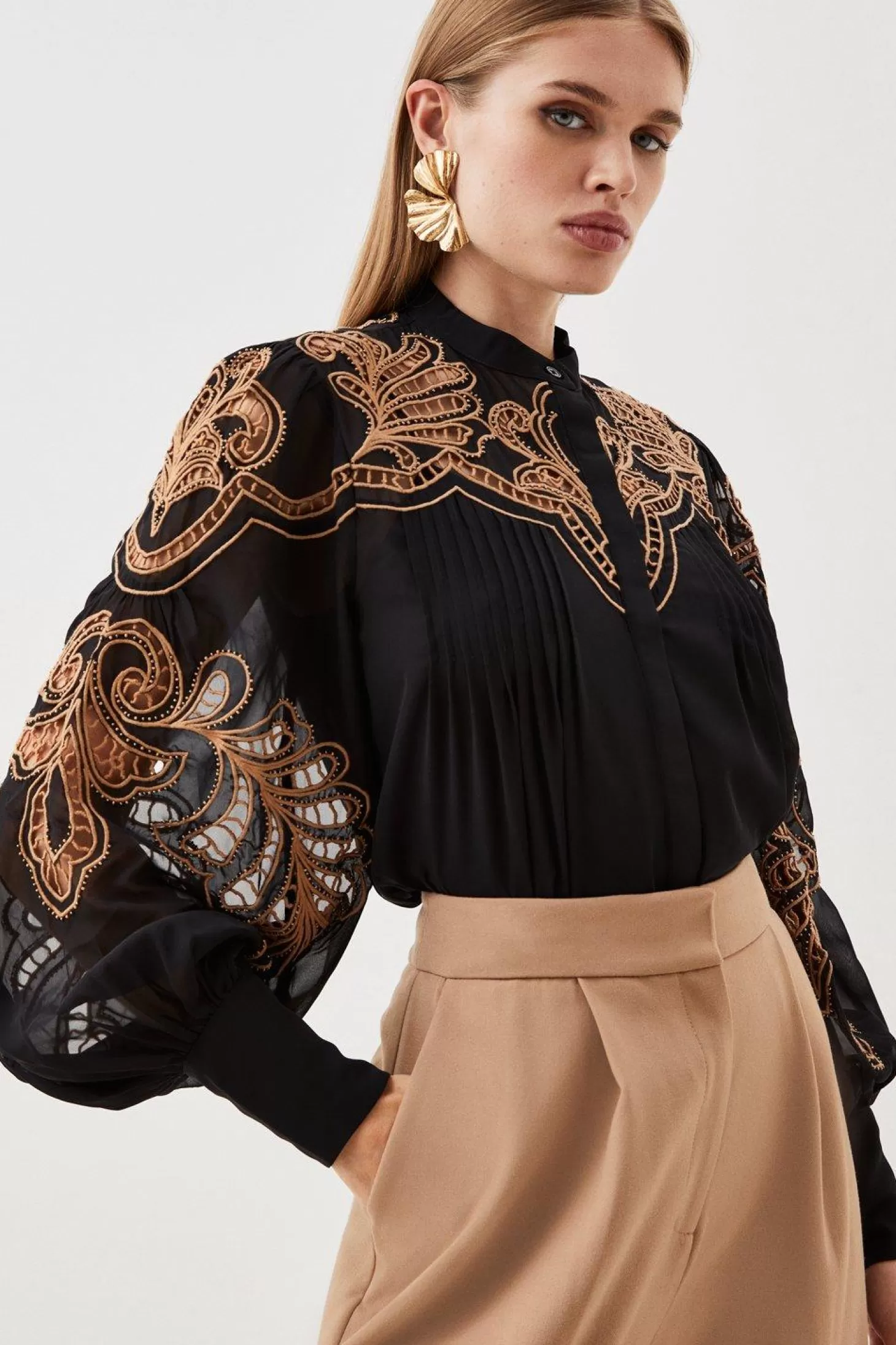 Karen Millen Cutwork Beaded Embroidered Woven Blouse