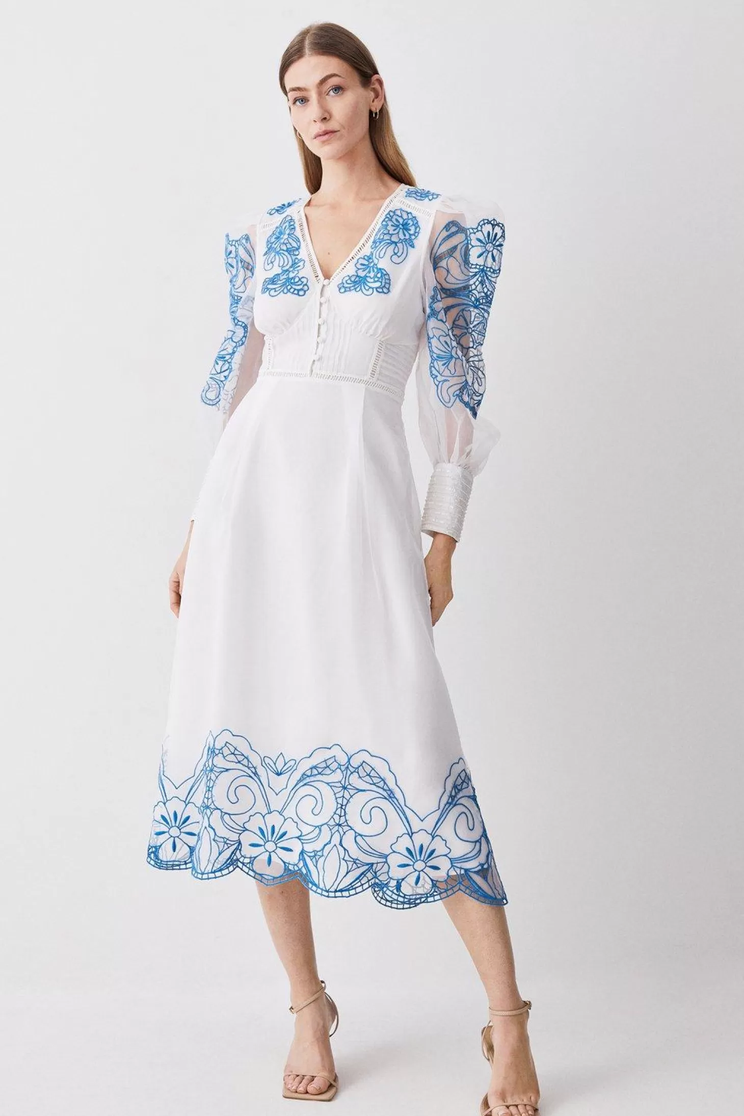 Karen Millen Cutwork Organdie Buttoned Woven Midi Dress