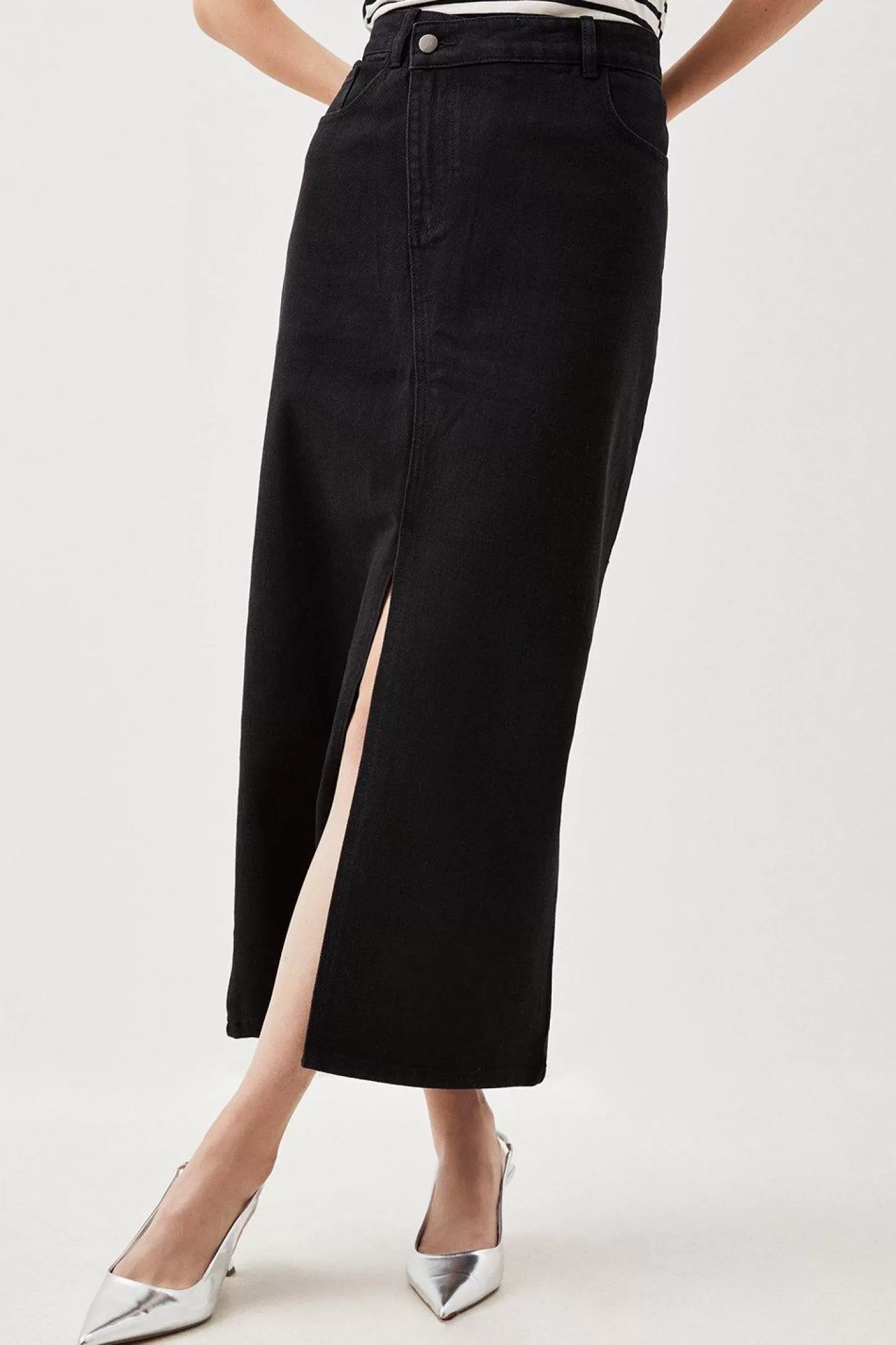 Karen Millen Denim Asymmetric Waistband Detail Maxi Skirt