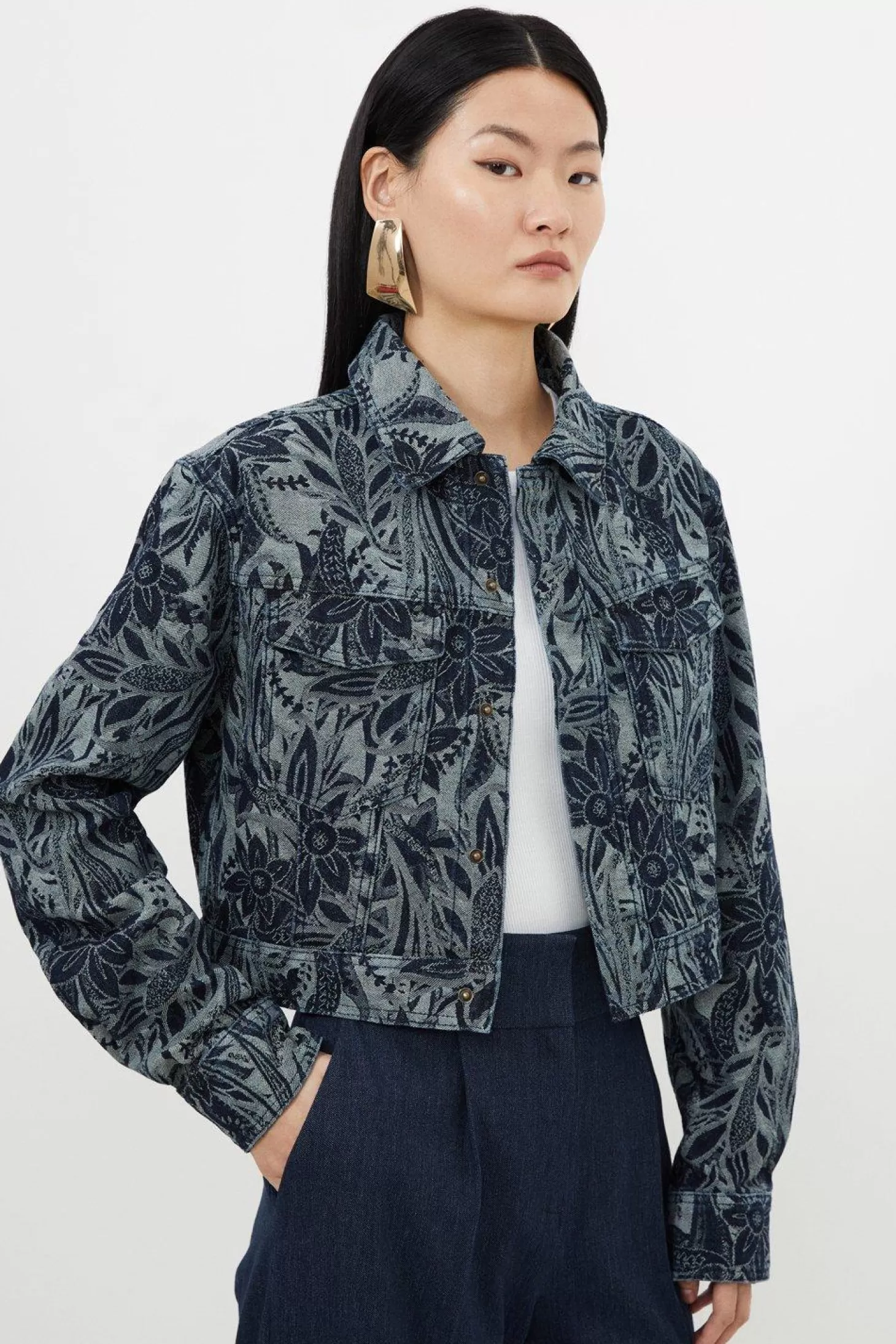 Karen Millen Denim Floral Jacquard Woven Jacket