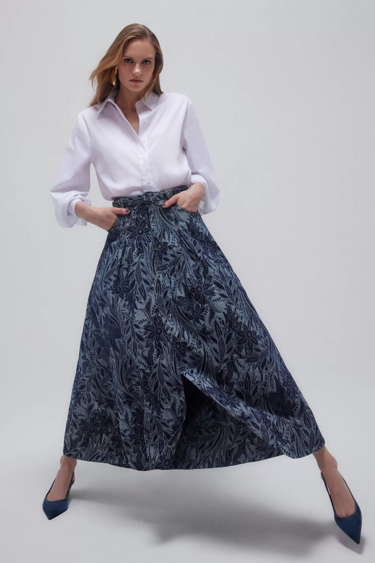 Karen Millen Denim Floral Jacquard Woven Midaxi Skirt