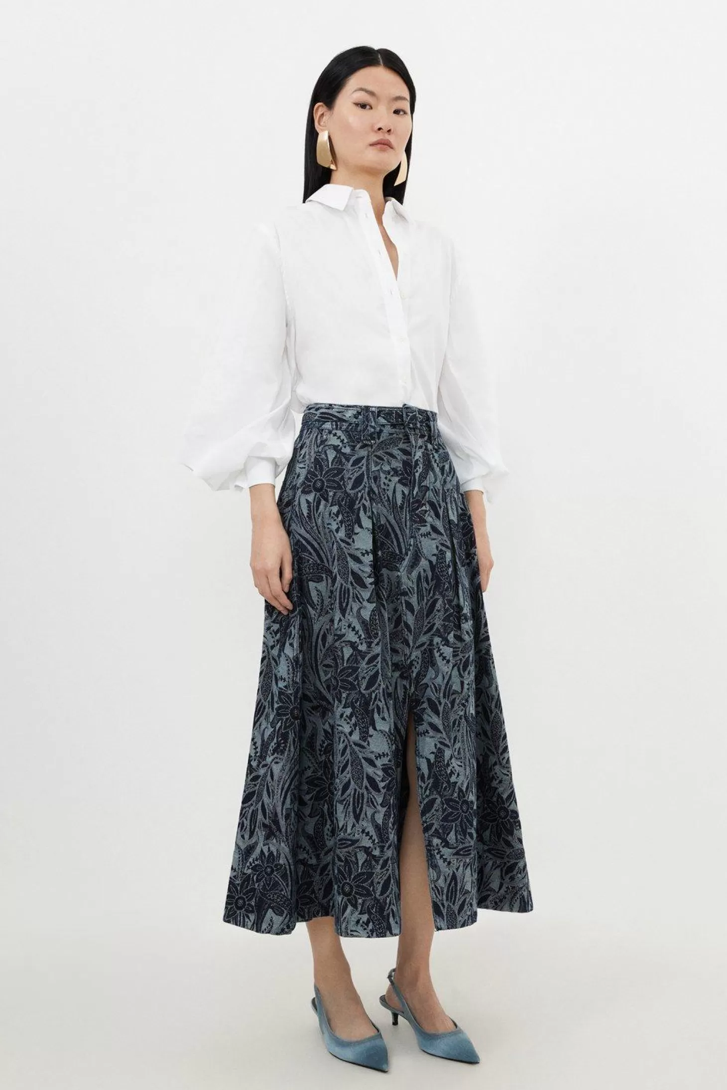 Karen Millen Denim Floral Jacquard Woven Midaxi Skirt