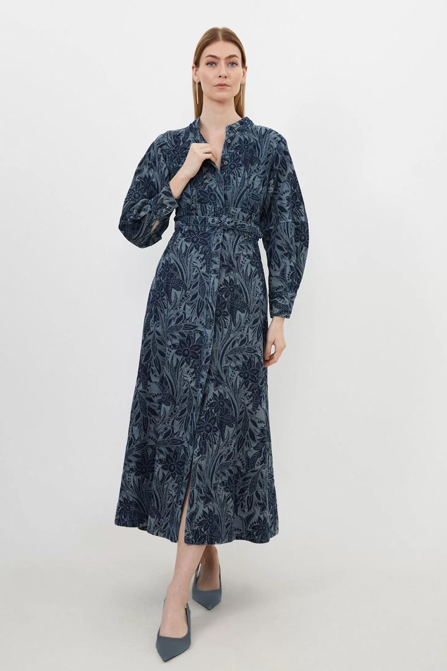 Karen Millen Denim Floral Jacquard Woven Midi Dress