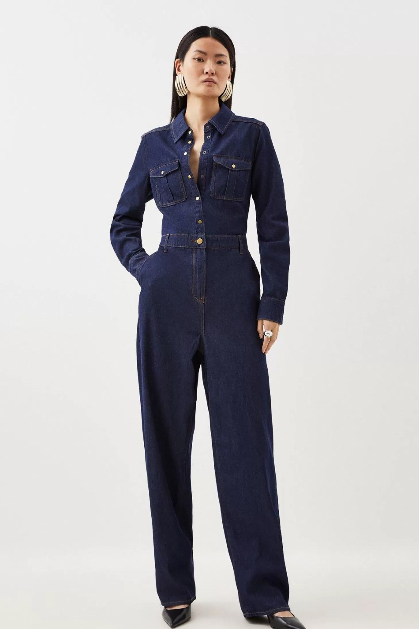 Karen Millen Denim Long Sleeve Jumpsuit