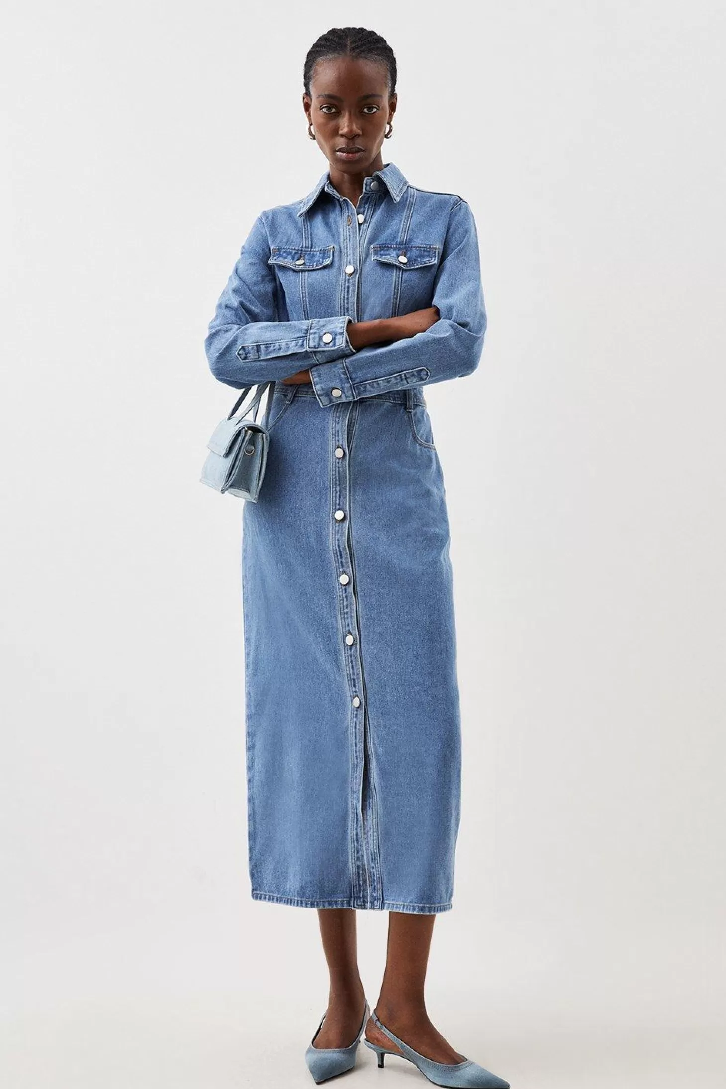 Karen Millen Denim Long Sleeve Midi Shirt Dress