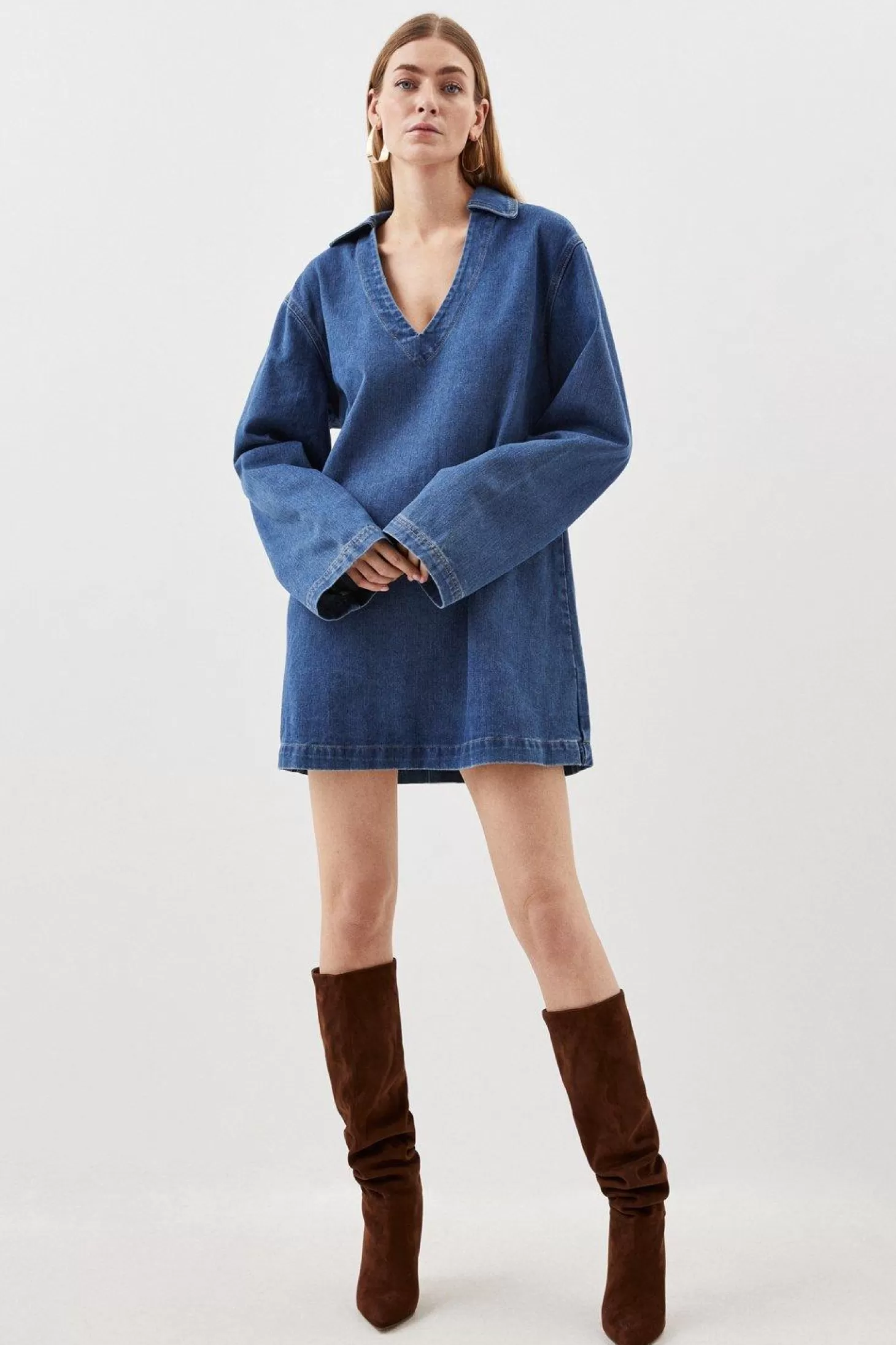 Karen Millen Denim Long Sleeve Mini Smock Dress