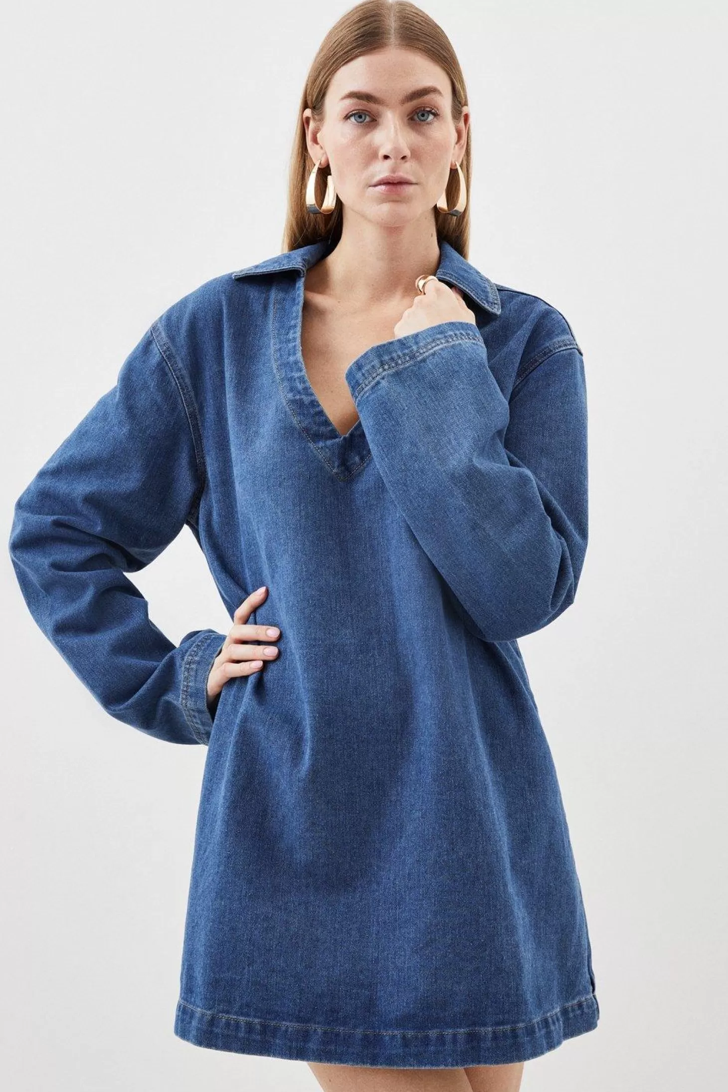 Karen Millen Denim Long Sleeve Mini Smock Dress