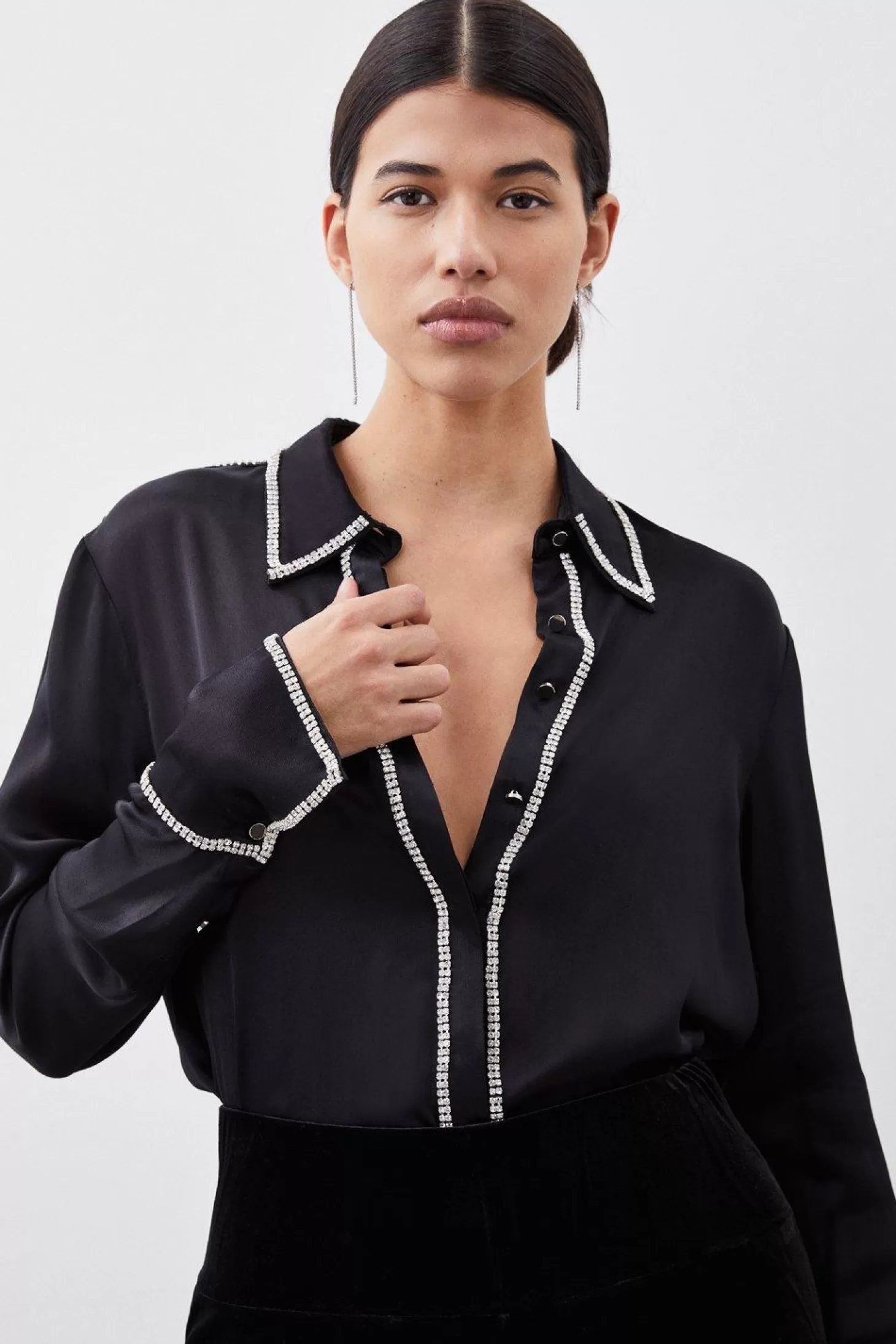 Karen Millen Diamante Trim Viscose Woven Satin Shirt