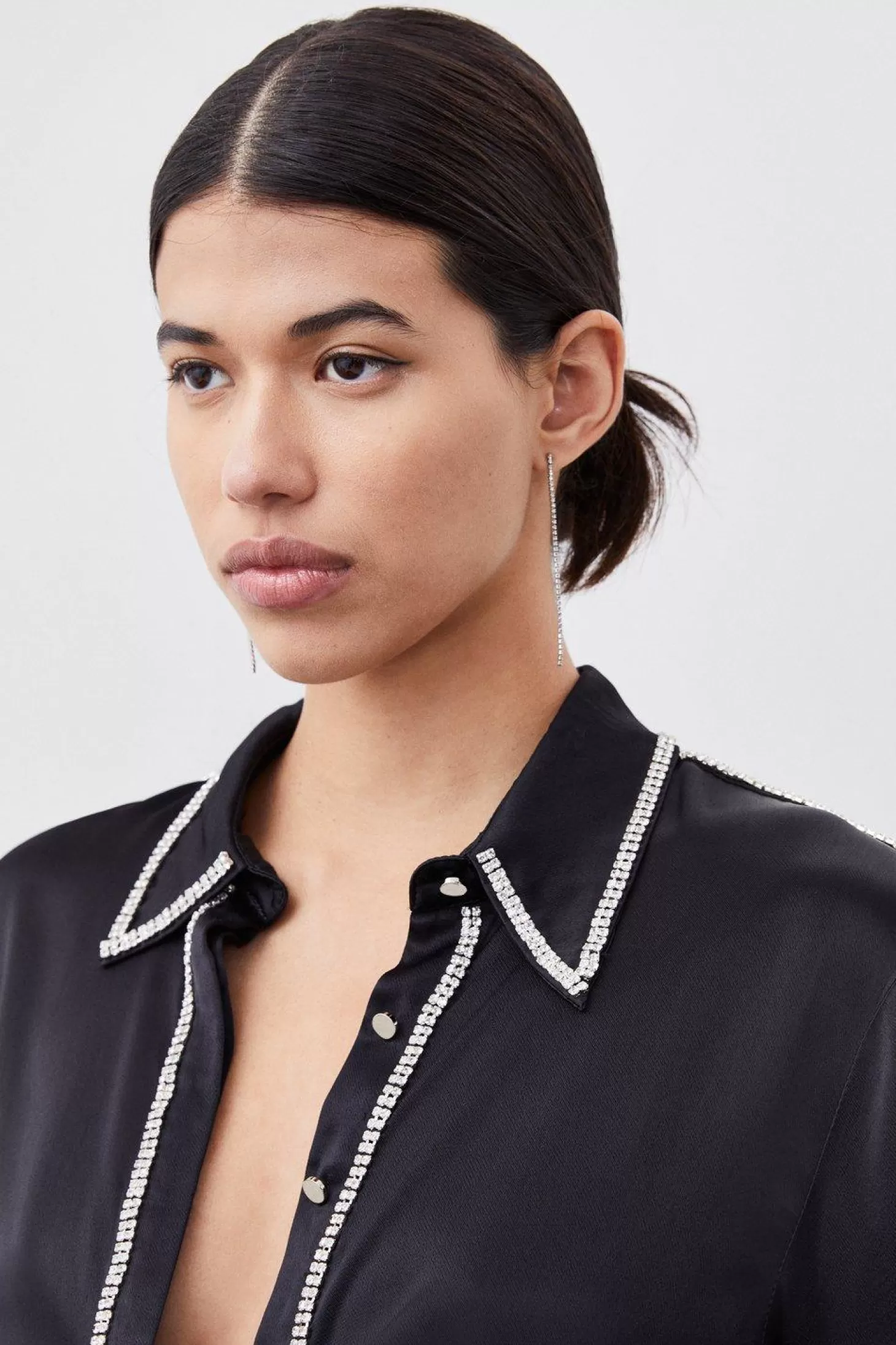 Karen Millen Diamante Trim Viscose Woven Satin Shirt