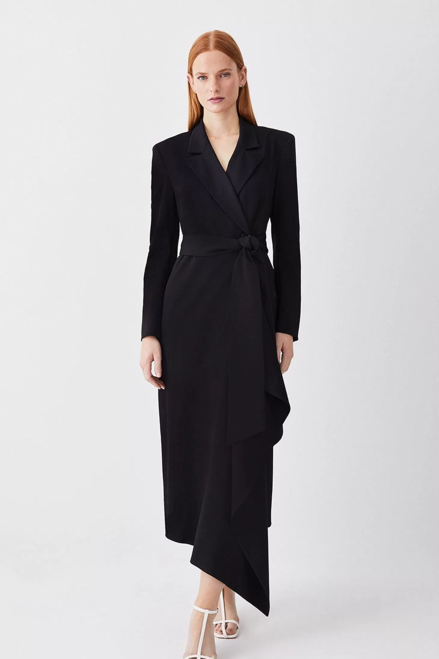 Karen Millen Drape Belted Long Sleeve Soft Tailored Midi Dress